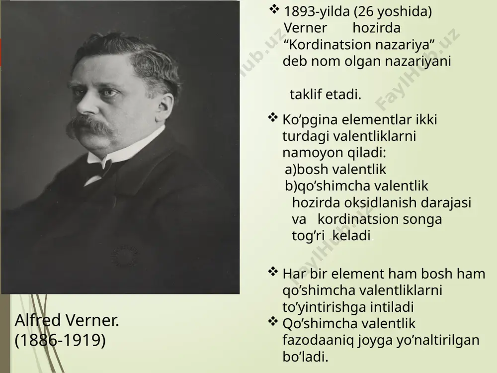 ajaradi:[fe(co)5 ], [v(co)6 ]. 2. ligand vazifasini ionlar yoki kislota qoldiqlari bajaruvchi komplekslar: a) gidroksokomplekslar – ligand vazifasini gidroksil guruh bajaradi. masalan: [a1(oh)6 ]cl3 , [zn(oh)4 ] cl2 b) atsidokomplekslar –ligand vazifasini kislota qoldiqlari bajaradi: masalan, k4 [fe(cn)6 ], k3 [fe(cn)6 ]. 3. aralash komplekslar – bir nechta har xil ligandlar tutgan kompleks birikmalar. masalan: [pt(nh3 )2 cl2 ], [co(nh3 )4 ci2 ]cl. ionning zaryadiga ko’ra kompleks birikmalar kompleks ionning zaryadiga koʻra sinflanadi. kompleks ionning zaryadi ichki sferani tashkil qiluvchi ionlar zaryadi yig‘indisiga teng. agar kompleks ion zaryadi musbat boʻlsa – kation kompleks: [ag(nh3 )2 ]cl, [cu(h2 o)4 ] so4 a) agar kompleks ion zaryadi manfiy boʻlsa – anion kompleks: na3 [co(no2 )6 ], k4 [fe(cn)6 ]. b) agar kompleks ion zaryadsiz boʻlsa – neytral kompleks: [pt(nh3 )2 cl2 ] kompleks tarkibida markaziy atom bilan bevosita birikkan ligandlar orasidagi bog’lanishlar soni markaziy atomning koordinatsion soni deb ataladi. markaziy atomning koordinatsion …