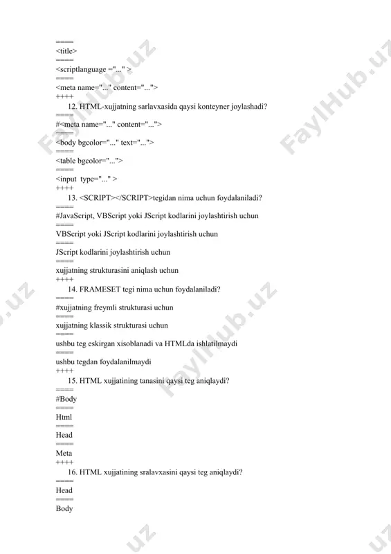 link ==== vlink ++++ 28. qaysi teg html-xujjatga tasvir qo’yish imkonini beradi? ==== # ==== ==== ==== ++++ 29. tegining qaysi atributi tasvir va matn orasidagi vertikal masofani aniqlaydi? ==== #vspace ==== hspace ==== border ==== size ++++ 30. qaysi teglar tasvirdan foydalanishga imkon bermaydi? ==== #head ==== input ==== table ==== img ++++ 31. keltirilgan misollardan qaysi biri aktiv tasvirni to’g’ri aniqlagan? ==== # ==== ==== ==== ++++ 32. keltirilgan misollardan qaysi biri 100 va 200 pikselli tasvirni chiqaradi? ==== # ==== ==== ==== ++++ 33. keltirilgan misollardan qaysi biri 200 va 200 pikselli tasvirni chiqaradi? ==== # ==== ==== ==== ++++ 34. tasvirning xaritasi noto’g’ri aniqlangan usulni ko’rsating: ==== ==== ==== ==== ++++ 35. html-xujjatga tasvirni quyish qaysi misolda to’g’ri ko’rsatilgan ==== # ==== ==== ==== ++++ 36. qaysi atribut tegiga tegishli? ==== #src ==== shape ==== href ==== circle ++++ 37. qaysi atribut tegiga tegishli ? ==== …