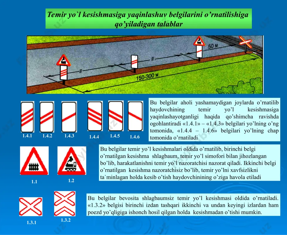 azni 3,5 т dan ortiq bo`lgan yuk avtomobillariga birinchi va ikkinchi bo`laklardan boshqa bo`laklarda harakatlanishi taqiqlaydi. orqaga harakatlanush. transport bositasini boshqarishni o`rgatish. ajratuvchi bo`lakning texnologuk uzilish joylariga kirish va qayrilib olish. 5,15 va 6,11 belgilar bilan belgilangan maxsus to`xtab turish maydonlaridan boshqa joylarda to`xtash. avtomagistrallarda quyidagi harakatlar taqiqlanadi: tik nishablik va balandlikda xavfsizlik koeffitsienti 0,6 dan kam bo`lgan bu joylarga 1.13 va 1.14 yo`l belgilari o`rnatiladi. agarda biror to`siq sababli yo`lning qatnov qismi torayib qolgan bo`lsa, yuqoridan kelayotgan transport vositasi yo`l beradi. tik nishabluk va balandliklarda harakatlanish bobi 3 ta bandni o`z ichiga oladi: 1- band. harakatlanish navbatini; 2- band. tormoz tizimi ishlamay qolganda transport vositalarining kirishi shart bo`lgan joylarni; 3- band. ushbu joylarda uzatma va ilashish muftasini ajratib nishablikka harakatlanish taqiqlanishini izohlaydi. tik nishabluk va balandliklarda harakatlanish nazorat savollari: 1. temir yo`l kesishmasi nima? 2. shlagbaumli va shlagbaumsiz temir yo’l kesishmalari qanday farqlanadi? 3. qanday hollarda temir yo`l kesishmasiga …