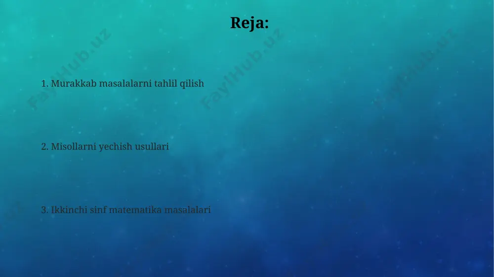 yatidagi 2-sinf o'quvchilari uchun tayyorlangan darsliklarda soat 12:45 ni soatning raqamli soat ko'rinishida yozish (12:45) va so'z bilan yozish (soat o'n ikki, qirq besh daqiqa) kabi mashqlar mavjud. tengsizliklar 2-sinfda tengsizliklarni yechishda, 12 + 3 > 10 kabi misollar ham uchraydi, bu yerda qo‘shilish amali bajarilgandan so‘ng, natijani boshqa son bilan taqqoslash kerak bo‘ladi. farg‘onada bunday masalalar ko‘p uchraydi. tengsizliklarni vizual ravishda, masalan, raqamli to‘g‘ri chiziq yordamida ko‘rsatish, 7 2 kabi oddiy tengsizliklardan foydalaniladi, bu yerda 5 soni 2 sonisidan kattaroq ekanligini ko‘rsatadi. bunday misollar toshkentdagi maktablarda keng qo‘llaniladi. ikki xonali sonlarni qo'shish qo'shish amallarini bajarishda, ikki xonali sonlarni qo'shish uchun, 67+15 misolida, birliklar (7+5=12) va o'nliklar (6+1+1=8) ustunlarini alohida hisoblash orqali, 82 natijasini olamiz. bu buxoro shahridagi 2-sinf darsliklarida muntazam takrorlanadigan masalalar turi. ikki xonali sonlarni qo'shishda, o'nliklar va birliklar ustunlarini alohida qo'shish muhim. masalan, 48+33 ni hisoblashda, 8+3=11 birlik va 4+3+1=8 o'nlik hosil bo'ladi, ya'ni javob 81. bu …