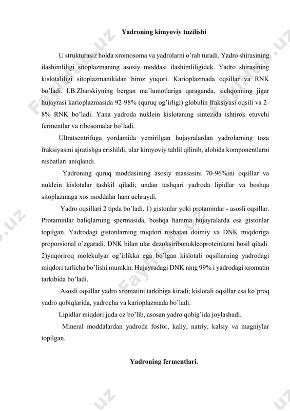mida qatnashuvchi fermentlari eng muhimlaridir. ularga dnk sintezini amalga oshiruvchi dnk-polimeraza kiradi. rnkpolimeraza esa dnk, shuningdek fermentlardan nukleozidfosfataza va gistonasetilazalarga ham bog’liqdir. yadroning fermentativ tarkibining xarakterlovchi eng muhim belgilaridan biri, unda sitoxromoksilaza va suksindegidrogenaza kabi eng muhim oksidlovchi fermentlarning bo’lmasligidir. yadroda nukleozitlarning metabolizmi bilan bog’liq bo’lgan adenozin dezaminaza, nukleozitfosforilaza va guanazalar, ayniqsa, ko’p topiladi. yadroda yana eruvchi glikoliz fermentlaridan aldolaza, yenulaza, piruvatkinaza va 3gliseraldegid degidrogenazalar uchraydi. bu fermentlarning bo’lishi atfni yadroda hosil bo’lishining asosiy yo’li glikolitik faollikdan kelib chiqadi, deb xulosa chiqarishga asos bo’ladi. yadro fermentlarini ikki guruhga ajratish mumkin, ulardan biri hamma joyda uchraydi, ikkinchisi-ba’zi bir to’qima hujayralarida uchraydi, xolos. birinchi guruh fermentlaridan nukleozidlar (adenozindezaminaza, nukleozidfosforilaza va guanaza) almashinuvi bilan bog’liq bo’lganlar yadroda ko’p miqdor uchraydi. xogebum va shneyder (1952) lar fikriga ko’ra, ulardan eng muhim ahamiyatga ega bo’lgani va faqat yadroda uchraydigani nukleozidfosforilazadir. bu ferment nad kofermentining sintezida qatnashadi. boshqa fermentlar, masalan esteraza, yadroda har xil miqdorda uchraydi. …