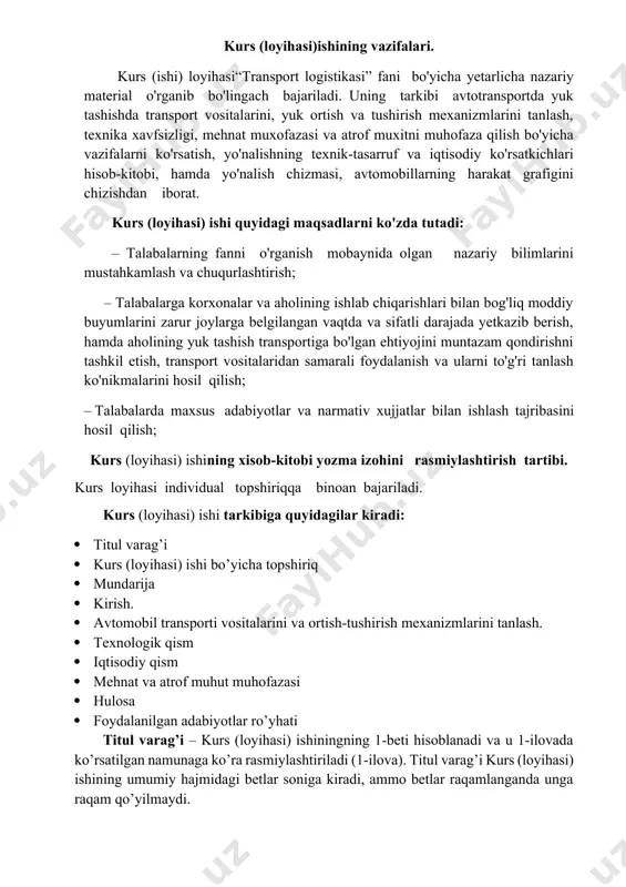 14 shriftda rasmiylashtiriladi. kurs (loyihasi) ishining yozma izohi matni xujjatlardan sanalib, yozuv standartlari bo'yicha belgilab qo'yilgan ko'rinishlarda rasmiylashtirilishi kerak. talaba avvalo kurs (loyihasi) ishini bajarish uchun topshiriq varaqasini olishi va uni belgilangan tartib bo’yicha to’ldirishi lozim bo’ladi. quyida kurs ishini bajarish uchun topshiriq varaqasi namunasini keltiramiz. kirish mustaqil o'zbekiston respublikasi oliy majlis va hukumat qarorlarida iqtisodiyotning xalq xo'jaligini, jumladan avtomobil transportini rivojlantirishdagi asosiy yo'nalishlar. avtomobil transportining moddiy ne'matlar ishlab chiqarishdagi, xalq xo'jaligini rivojlanishidagi ahamiyati. yagona transport tizimida avtomobil transportini yuk va yo'lovchilar tashishdagi tutgan o'rni. bozor iqtisodiyoti sharoitida avtomobil transporti taraqqiyotining asosiy yo'nalishlari. bozor iqtisodiyotining asosiy talablaridan biri bo'lgan, mulkchilikning avtomobil transportida shakllanishi va xususiylashtirishni borishi. transport xizmati bozorida talab va taklif qonunini amal qilinishi. korxonalar aholining yuk tashishga bo'lgan ehtiyojini qondirishda avtokorxonalarda olib borilayotgan ishlar va ularning konsepsiyalari to'g'risida. zamonaviy avtomobil transporti vositalarini va zamonaviy ortish-tushirish mexanizmini tanlash. transport vositalari turlarini tanlash deyilganda, avtomobil transporti korxonalariga yuk tashish xarakteriga …