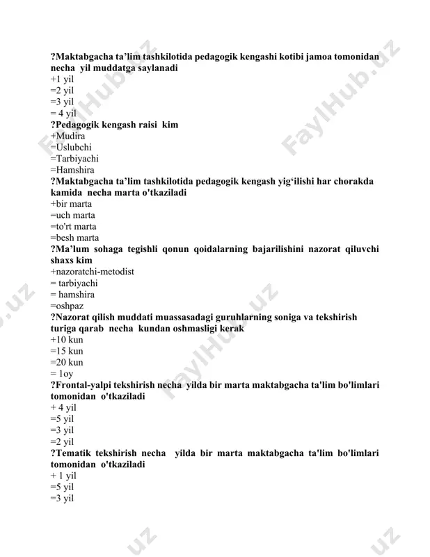 boradi +9 oy =10 oy =6 oy =8 oy ?integratsiyalash –so‘zining lug‘aviy ma’nosi +lotincha so‘z “integer" - umumiylik,"integerara" - to‘ldirish, yaratish, tiklash =yunoncha - "bilish, "aniqlash" =inglizcha «me’yor», «namuna» =arabcha «andoza», «model» ?bolalar sog'lig'ini doimiy ravishda kuzatib boruvchi hujjat bu… +patronaj =istiqbol reja =kunlik reja =haftalik daftar ?m.montessori tizimi necha yoshdan necha yoshgacha bo'lgan bolalar bilan ishlaydi +3 yoshdan 6 yoshgacha =4 yoshdan 5 yoshgacha =5 yoshdan 6 yoshgacha =6 yoshdan-7 yoshgacha ?stem nechta yo'nalishni birlashtiradigan va natijalarni namoyish qilish imkoniyatini beruvchi baholash dasturidir. +4 ta =6ta =3ta =7 ta ?massachusets texnologiya institutining shiori to‘g‘ri ko’rsatilgan qatorni toping +aql va qo’l =aql va yurak =qo’l va metod =aql va so’z ?steam xalqaro baholash dasturi qaysi davlatda ishlab chiqilgan. +amerika qo’shma shtatlarda =germanida =italiyada =singapurda ?steam dasturining asosiy shiori to‘g‘ri ko’rsatilgan qatorni toping +"minimal nazariya, maksimal amaliyot” ="minimal amaliyot, maksimal nazariya” =qo’l va metod =aql va so’z ?steam dasturining asosiy fan …