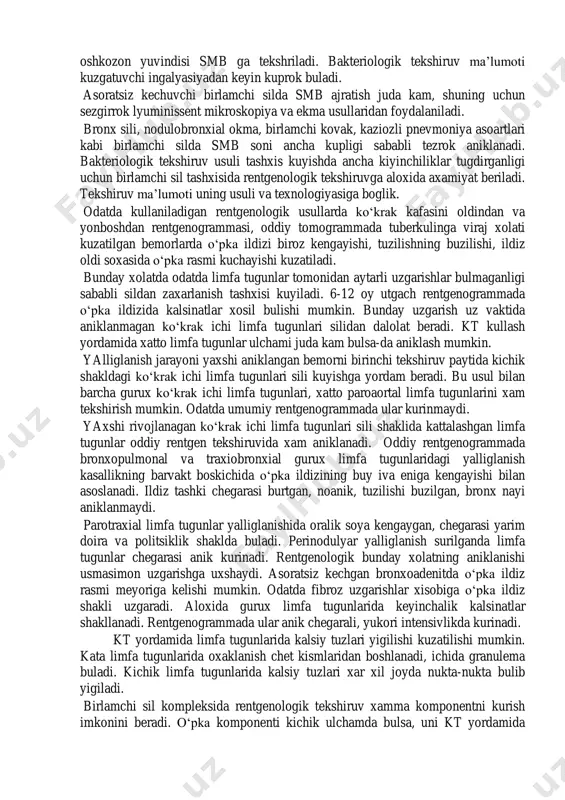 shi mumkin. bronxial dissiminatsiya xarorat kutarilishi, yutal paydo bulishi yoki kuchayishi bilan kechadi. jarayon soxada kuruk va mayda pufakchali xirillashlar eshitiladi. o‘pkadagi birlamchi kavak kazioz nekroz bronx orkali chikib ketishi okibatida yuzaga kelib, bemorning axvoli biroz yaxshilanadi, lekin tezda bronxogen dissiminatsiya yuzaga kelib bemor axvoli yana yomonlashadi. eng ogir asoratlardan biri smb ning gematogen yul bilan tarkalib miyaning yumshok pardasida yalliglanish chakirib, sil minengitiga olib kelishidir. bemorda zaxarlanish belgilari kuchayadi, meningial belgilar paydo buladi, vegetativ nerv tizimi buziladi, es xushi yukoladi. yana bir boshka ogir asorat – kaziozli pnevmoniya – titrok, kuchli terlash, gegtik xarorat, balgamli yutal kuchayishi bilan asoslanadi. jarayon soxada o‘pka tovushi ancha tuktoklashgan, turli pufakchali nam xirillashlar eshitiladi. tashxis kuyish klinik ma’lumotlarga, laborator-rentgenologik, instrumental tekshirish asosida kuyiladi. klinik ma’lumotlardan bemor yoshiga sil bemor bilan mulokatga oilasida sil bemor bor-yukligiga, oldin utkazgan sil xakidagi ma’lumot bor-yukligiga, bsj bilan emlash va kayta emlash to‘g‘risidagi ma’lumotlarga asoslanadi. tuberkulin diagnostika – …