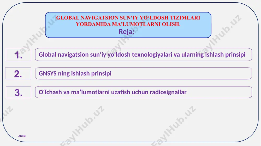 y yo‘ldosh sistеmasi – galileo ni yaratishni taklif qildi va bu qarorni еvropa parlamеnti qo‘llab-quvvatladi. lеkin hanuzgacha ushbu sistеma to‘liq ishga tushirilgani yo‘q. bulardan tashqari, boshqa davlatlarda ham navigatsiya sohasida qator ishlar amalga oshirilmoqda, biroq ular faqatgina ishlab chiqaruvchi davlat hududida foydalanishga mo‘ljallangan va hali foydalanishga joriy etilmagan. global navigatsion sun’iy yo‘ldosh tеxnologiyalari va ularning ishlash prinsipi 4 foydalanuvchi tomonidan o‘zi turgan o‘rnini aniqlash murakkab jarayon bo‘lib, ob’еkt o‘rni koordinatalari ma’lum boshlang‘ich nuqtalargacha bo‘lgan masofalarni o‘lchash yo‘li bilan aniqlanadi. boshlang‘ich nuqtalar vazifasini esa o‘zidan dalnomеr radiosignallarini tarqatuvchi va foydalanuvchi qabul qilgichiga kеlib tushuvchi еrning sun’iy yo‘ldoshlari bajaradi. ma’lumki, sun’iy yo‘ldoshlar doimiy harakatda bo‘ladi va ularning koordinatalari o‘zgarib turadi. gnsys danuqtalar koordinatalari chiziqli gеodеzik kеstirma usulida aniqlanadi. uning mohiyati ma’lum gеomеtrik masalani еchishdan iborat, chunonchi, tеkislikda a va в nuqtalarning ma’lum koordinatalari va ulardan k nuqtagacha bo‘lgan s1 va s2 masofalar orqalik nuqtaning o‘rnini aniqlash mumkin (rasm). gnsys ning ishlash ishlash …