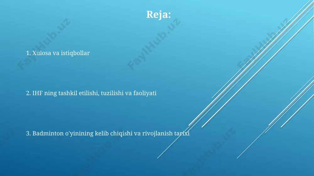 ning rivojlanishiga kuchli turtki boʻladi. badmintonda texnologiyalar, masalan, toʻpning tezligi va traektoriyasini aniqlash texnologiyalari, oʻyinni yanada qiziqarli va aniqroq qilib, 2030 yilgacha tomoshabinlar sonini 30% ga oshirishga yordam beradi. qadimgi badminton oʻyinlari 19-asrning oxirida, angliyaning gloucestershire shtatidagi badminton uyi atrofida "battledore and shuttlecock" oʻyinini rivojlantirilgan holda oʻynash odatiy holga aylandi, bu esa oʻyinning hozirgi nomini berdi. 18-asrda hindistonning poona shahrida askarlar orasida “poona” deb nomlangan oʻyin mashhur boʻlib, u 15-20 metr uzunlikdagi toʻr ustida oʻynalgan va badmintonning rivojlanishiga sezilarli ta’sir koʻrsatgan. qadimgi xitoyda, taxminan 2000 yil avval, “jianzi” deb nomlangan oʻxshash oʻyin mavjud boʻlib, u patlar va yogʻoch raketkalar yordamida oʻynalgan hamda hozirgi badmintonning ilk shakllaridan biri hisoblanadi. xalqaro badminton federatsiyasi (ibf) ning tashkil etilishi 1934-yilda, 9 ta mamlakat vakillarining ishtiroki bilan, london shahrida xalqaro badminton federatsiyasi (ibf) rasman tashkil topdi, bu sportning xalqaro miqyosda rivojlanishiga turtki bo‘ldi. 1957-yilda, a'zo davlatlar soni 15 taga yetgach, ibfning bosh qarorgohi london shahridan …