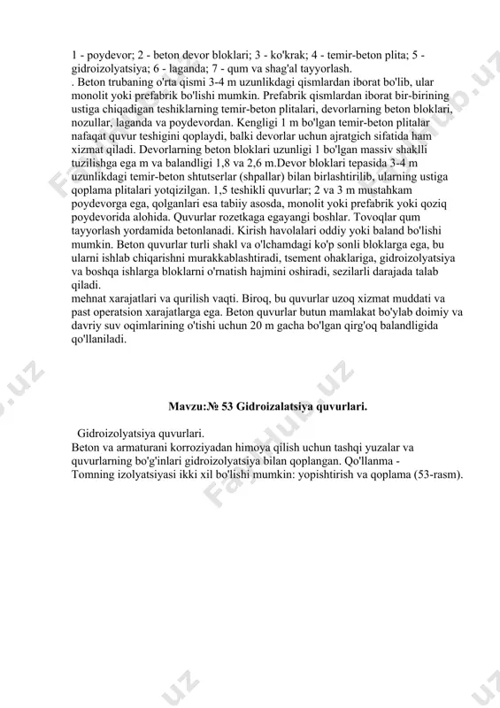 monolit yoki prefabrik yoki qoziq poydevorida alohida. quvurlar rozetkaga egayangi boshlar. tovoqlar qum tayyorlash yordamida betonlanadi. kirish havolalari oddiy yoki baland bo'lishi mumkin. beton quvurlar turli shakl va o'lchamdagi ko'p sonli bloklarga ega, bu ularni ishlab chiqarishni murakkablashtiradi, tsement ohaklariga, gidroizolyatsiya va boshqa ishlarga bloklarni o'rnatish hajmini oshiradi, sezilarli darajada talab qiladi. mehnat xarajatlari va qurilish vaqti. biroq, bu quvurlar uzoq xizmat muddati va past operatsion xarajatlarga ega. beton quvurlar butun mamlakat bo'ylab doimiy va davriy suv oqimlarining o'tishi uchun 20 m gacha bo'lgan qirg'oq balandligida qo'llaniladi. mavzu:№ 53 gidroizalatsiya quvurlari. gidroizolyatsiya quvurlari. beton va armaturani korroziyadan himoya qilish uchun tashqi yuzalar va quvurlarning bo'g'inlari gidroizolyatsiya bilan qoplangan. qo'llanma - tomning izolyatsiyasi ikki xil bo'lishi mumkin: yopishtirish va qoplama (53-rasm). 53 – rasm quvur sirtlari va bo'g'inlarini gidroizolyatsiya qilish: a - bitum mastikasi - yopishtirish; b - izolyatsiyalangan rulon - yopishtirish; c - bitum mastikasi - qoplama; d - bo'g'inlarning …