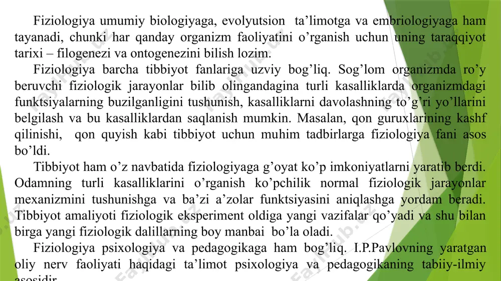 zolar funktsiyasi organizmidagina emas,balki organizmdan ajaratilgan sharoitda ham o’rganiladi. qirqib olingan (ajratib olingan) a’zo tomirlaridan maxsus eritmalar o’tkaziladi, bu eritmalar tarkibini eksperimentator tartibga solib turadi (perfuziya usuli) va tirik to’qima uchun zarur tashqi muhit muhayyo qilinadi. hozirgi paytda odam organizmiga hech qanday shikast yetkazmasdan uning ko’pgina funktsiyalarini o’rganish imkoniyatlari paydo bo’ldi. masalan, badanga elektrodlar qo’yib elektr o’lchash apparatlarini tadbiq etib, a’zolarda sodir bo’layotgan elektr hodisalari o’rganilmokda. odam va hayvonlar fiziologiyasi fanini qisqacha rivojlanish tarixi. odam va hayvon organizmining hayot faoliyatini bilishga tsivilizatsiya rivojlana boshlagan vaqtdayoq urinib ko’rilgan. qadimiy xitoy, hindiston, yunon, rim faylasuflari va vrachlarining bizning davrimizgacha yetib kelgan asarlarida ba’zi anatomik-fiziologik tasavvurlar uchraydi. ulardan ayrim to’g’ri fikrlar bilan bir qatorda juda ko’p hayoliy muhokama va yangiliklar ham bor. tibbiyot fanining asoschilaridan biri gippokrat (eramizdan 460-377y avval) organizm tizim va funktsiyalarini bir butun sifatida tushunish kerak, degan fikrga asos solgan. huddi shunday nuqtai nazarni qadimgi rim anatomi galen (eramizdan 201-131yil …