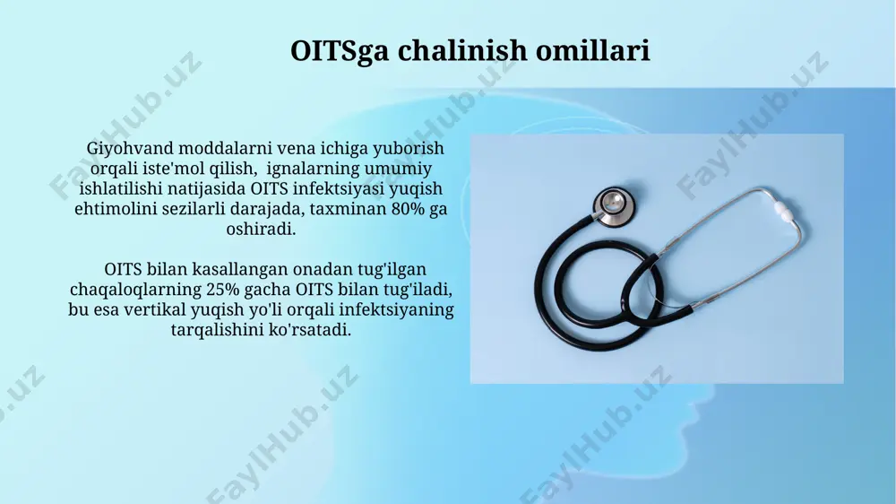 nan 99% aniqlikka ega. oitsning dastlabki bosqichlarini aniqlash uchun pcr testi qo'llaniladi, bu test virusning genetik materialini aniqlaydi va yuqori sezuvchanlikka ega. oitsning dastlabki belgilari oitsning erta bosqichida og'iz bo'shlig'ida oq dog'lar (og'iz kandidozi) paydo bo'lishi, terining quruqligi va toshmalar, shuningdek, tungi terlash kabi belgilar kuzatilishi mumkin, bu alomatlarning rivojlanishi bemorda cd4 hujayralar sonining sezilarli darajada pasayishini ko'rsatishi mumkin. oitsning dastlabki bosqichida 10 kg dan ortiq vazn yo'qotish, ishtahaning yo'qolishi va tez-tez diareya kabi ovqat hazm qilish tizimi bilan bog'liq muammolar kuzatilishi mumkin, bu alomatlar immunitet tizimining jiddiy zaiflashganligini bildiradi. kelajakdagi tadqiqotlar va istiqbollar oitsning yangi davolash usullarini ishlab chiqishga oid klinik tadqiqotlarga 5 yillik muddat ichida kamida 10 million dollar miqdorida mablag' ajratish, kasallikka qarshi kurashda muhim yutuqlarga erishish imkonini beradi. oitsning oldini olish bo'yicha ta'lim dasturlarining samaradorligini baholash uchun keng ko'lamli epidemiologik tadqiqotlar o'tkazish, kamida 3 ta turli yosh guruhlarida 5000 dan ortiq ishtirokchilarni qamrab olishni talab qiladi. …