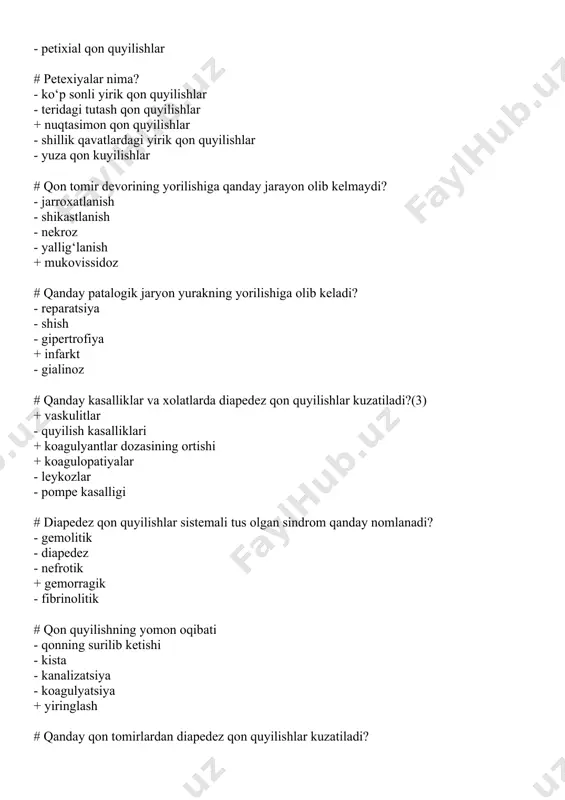 runkali umumiy venoz to‘laqonlikda teridagi o‘zgarishlarga izox bering + derma sklerozi - arteriyalar obliteratsiyasi + venalar kengaygan, to‘laqonli - arteriyalar kengaygan, to‘laqonli + dermaning shishi - elastik tolalarning o‘sishi # muskat jigarni mikroskopik tekshiruvda biriktiruvchi to‘qimaning o‘sishi qayerda kuzatiladi + perisinusoidal oraliqda - markaziy vena ichida + markaziy venalar yonida + portal traktlarda - o‘t yo‘llarida - gepatotsitlarda # surunkali venoz dimlanishda o‘pkaga makroskopik izox bering + o‘lchamlari kattalashgan - o‘lchamlari kichiklashgan + ko‘ng‘ir tusda + zichlashgan - sargish tusda - xilvillagan # jigardagi surunkali venoz to‘laqonlikning mikroskopik izoxini bering + bo‘laklar markazidagi sinusoidlar to‘laqonligi - sentrolobulyar gepatotsitlar gipertrofiyasi + sentrolobulyar gepatotsitlar atrofiya va nekroz xolatida + bo‘laklar periferiyasidagi gepatotsitlarning yog‘li distrofiyasi - bo‘laklar periferiyasidagi gepatotsitlarning oqsilli distrofiyasi - sentrolobulyar gepatotsitlar yallig‘lanishi # dvs sindromining morfologik ko‘rinishini ayting + ko‘p qon quyulishlar - o‘tkir venoz to‘laqonlik + mikrosirkulyator tarmoqdagi tromblar + a’zolarda ko‘p mayda nekroz fokuslari - kamqonlik - umumiy …