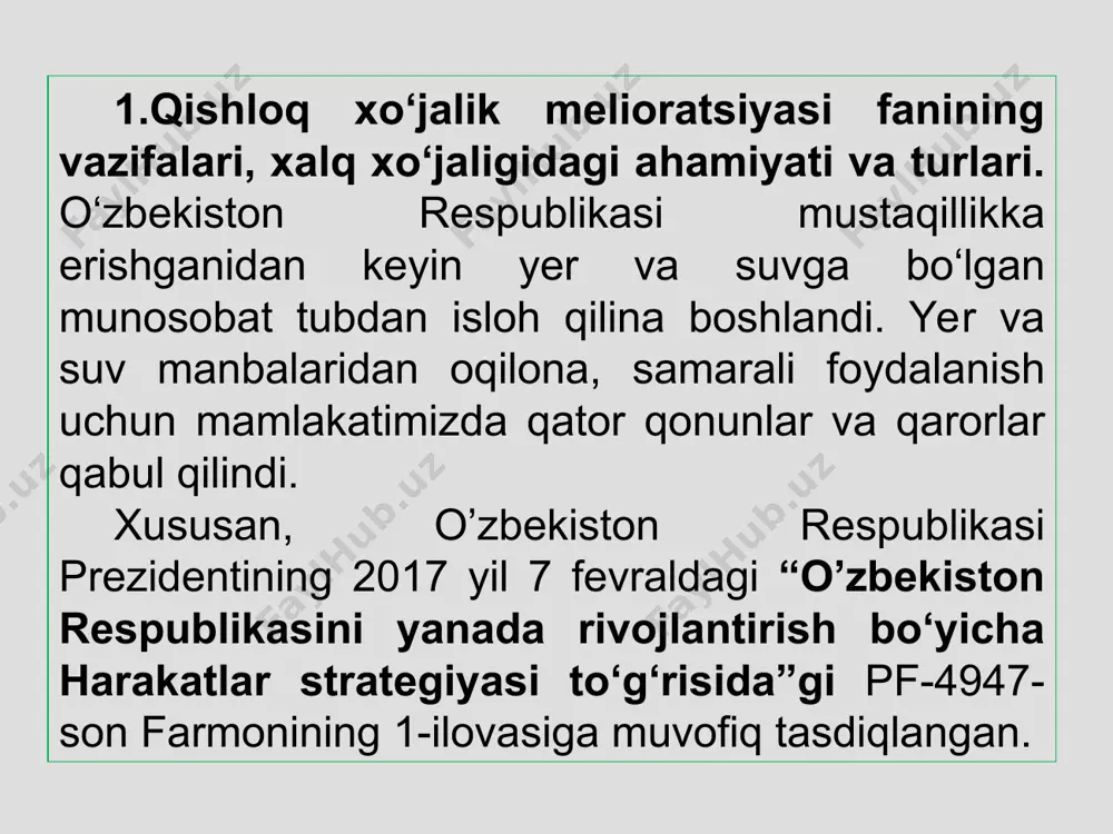 gan ma’lumotlarga ko‘ra hozirgi paytga kelib, sug‘oriladigan yerlarning 45,7 foizi turli darajada sho‘rlangan hisoblanadi. * suv xo‘jaligi vazirligi tizimida 172 ta meliorativ nasos stantsiyasi, 3788 ta vertikal drenaj qudug‘i va 27648 ta kuzatuv qudug‘i mavjud bo‘lib, ular sug‘oriladigan yerlarning maqbul meliorativ holatini ta’minlashga va grunt suvlari sathini ushlab turishga xizmat qiladi. mamlakat irrigatsiya tizimida suv xo‘jaligi balansida turgan 1687 nasos stansiyasi ekspluatatsiya qilinadi, ularda 5285 ta nasos agregatlari o‘rnatilgan bo‘lib, yiliga 8,0 mlrd. kvt⋅s elektr energiyasini iste’mol qiladi. shuningdek, xo‘jalik ichki sug‘orish tarmoqlarida 10280 birlikdan ziyod nasos agregatlari mavjud. * 3. yaxshilash ob’ektlari (tuproq, iqlim, gidrologiya, gidrogeologik sharoitlar) ga ta’sir etish bo‘yicha melioratsiya turlari. melioratsiya- lotincha so‘z bo‘lib yaxshilash degan ma’noni bildiradi. melioratsiya asosiy vazifalariga ko‘ra sug‘orish melioratsiyasi zax qochirish melioratsiyasi. sug‘orish melioratsiyasi vazifalariga quyidagilar kiradi: a) sug‘orishni rivojlantirish, yer usti suvlari oqimini rostlash va qo‘shimcha suv manbalarini qidirib topish; b) qo‘riq va bo‘z-partov yerlarni o‘zlashtirish; v) yerlarning iqlimiy sharoitlarini …