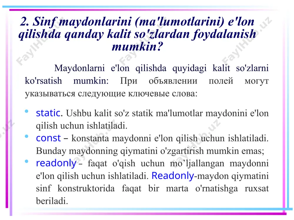 2. radiusi 1ga teng bo’lgan aylana uzunligini hisoblash double length = cf.length(1.0); // natija verguldan keyin 2 xona aniqlikda writeline("length = {0:f2}", length); // 3. radiusi 2ga teng bo’lgan doira yuzasini hisoblash double area = cf.area(2.0); writeline("area = {0:f2}", area); 9 4. sinf maydoni uchun const modifikatoridan foydalanishga misol // 4. radiusi 3ga teng bo’lgan sfera hajmini hisoblash double volume; volume = cf.volume(3.0); writeline("volume = {0:f2}", volume); // 5. konstanta maydoni pi ga murojaat - sinf nomi ishlatiladi writeline("pi = {0}", circlefigures.pi); } } } dastur bajarilish natijasi length = 6.28 area = 12.57 volume = 113.10 pi = 3.141592 yuqoridagi kodda, konstanta pi qiymatini sinf metodlarida o'zgartirishga harakat qilinsa, kompilyatsiya paytida xatolik yuz beradi 10 5. readonly modifikatorini sinf maydonlari uchun ishlatishning o'ziga xos xususiyatlari. umumiy shakl. maydonni readonly modifikatori bilan e'lon qilish mumkin. bunday maydonni ikkita usuldan biri bilan initsializatsiya qilish mumkin: sinfning konstruktorida; darhol e'lon qilinganida. readonly …