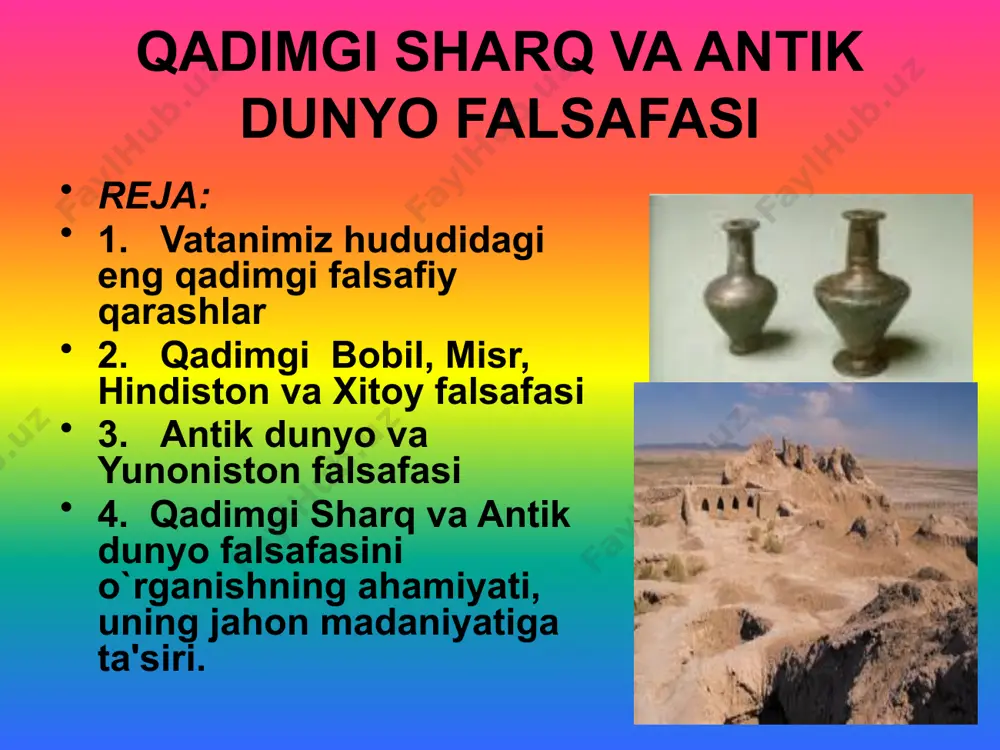 tabiati, iqlimi, suvi, еr tuzilishi, o`simliklar va hayvonot dunyosi haqida qimmatli ma'lumotlar bеrilgan. «avеsto»da odamlarni mеhr- oqibatli, iymonli bo`lishga, tanani pokiza tutishga, yomon niyat, yomon so`z, yomon ishlardan tiyilishga da'vat etadigan axloqiy qoidalar va falsafiy `oyalar nihoyatda ko`p. zardushtiylik dinining markaziy osiyo mintaqasida paydo bo`lishi jahon ma'naviy madaniyati rivojida muhim bir bosqich bo`ldi. uning `oyalari ta'siri ostida hozirgi jahon dinlari shakllanadi. miloddan avvalgi so`ngi asrlarda hamda eramizning i-ii asrlarida manixеylik harakati va ta'limoti vujudga kеlgan. uning asoschisi asli iroqlik diniy faoliyatini markaziy osiyoda davom eetirgan moniydir. (216-277). moniy zardushtiylik, yahudiylik va xristianlik dinlarini qorishmasidan iborat yagona din yaratish uchun harakat qildi. uning ta'limotiga ko`ra, borliq ikki substantsiyaga ega. birinchisi yoru`lik, yaxshilik va ruh olamidan iborat bo`lib, uning asoschisi xudodir. ikkinchisi yovuzlik, zulmat va matеriya (moddiy olam) bo`lib, unga shayton rahnamo bo`ladi sharqning o`ziga xosligi unga mansub madaniy taraqqiyot jahon sivilizatsiyasining bеshigi dunyo xalqlari rivojiga qo`shilgan munosib hissa ekani hеch kimga …