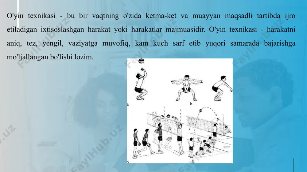 ovchi fazadagi harakatlar gavda muvozanatini saqlash maqsadida so'nib boradi yoki keskin tormozlanadi. voleybol juda dinamik o'yin bo'lganligi sababli voleybolchi turli texnik usullarni egallashi, o'yin vaziyatidan kelib chiqqan holda ularni tanlay olishi va uni tez, aniq bajarishi lozim. bu esa o'yinchining texnik mahoratini belgilaydi. 5 6 yuqori texnik mahorat belgilari quyidagilar bilan ifodalanadi: harakat usullarining aniq va samarali bajarilishi; xalal beruvchi omillar (charchash, tashqi sharoitning salbiy ta'sirlari) mavjudligida harakatlarning bajarilish barqarorligi; raqib harakatlariga qarab javob harakatlarini tanlash, ularni qayta qurish va bunda harakat qismlarini boshqara olish; usullarning bajarilish ishonchliligi. 7 holatlar. voleybol o'yinida o'yinchilar to'p bilan qisqa vaqt ichida harakat qilishlari lozim. shu sababli u yoki bu o'yin sharoitida o'yinchi to'p bilan o'ynashi uchun yuqori tayyorgarlik ko'rishi talab etiladi. shu maqsadda turli harakat usullarini bajarish uchun turlicha holatlarni egallash kerak. hujum zarbasini berish va to'siq qo'yishda - baland, o'yinga kiritilgan to'pni qabul qilishda - o'rta, hujum zarbasini yoki to'siqdan pastlab qaytgan …
