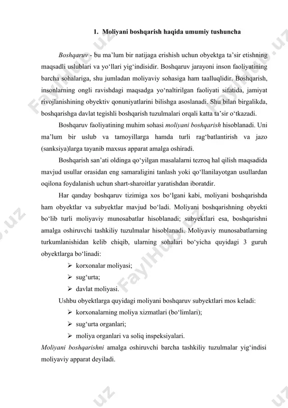 at moliyasini boshqarishning maqsadi moliya siyosati shartlarini amalga oshirish hisoblanadi. aynan samarali moliya siyosati bevosita moliyaning o‘ziga (boshqaruv obyektiga) yuklatilgan ishning aniq bir usullari bilan, moliya tizimi organlarini (boshqaruv subyektlarini) tashkil qilish bilan bog‘liq bo‘lgan boshqarishning potensial imkoniyatlarini yaxlit birlashtirish imkonini beradi. barcha davlatlarda moliya siyosati institutsional moliya tizimi orqali amalga oshiriladi. ularning faoliyati moliyaning bo‘g‘inlarini xususiyatlarini, barcha moliya muassasalari funksiyalarini uslubiy umumiyligini hisobga olgan holda; boshqarishning barcha quyi organlarini markazlashgan boshqaruvda faol ishtirok etishini hisobga olgan holda moliyani boshqarishga quriladi. moliya siyosatini yuritish va mos ravishda moliyani boshqarishning asosiy uslubiy tamoyillari quyidagilar hisoblanadi: · yakuniy maqsadlarga bog‘liqlik · barcha xo‘jalik tarmoqlarining makroiqtisodiy balanslashuvi; · jamiyatning barcha a’zolari manfaatlariga mos kelishlik; · iqtisodiy qonunlardan foydalanish; · real imkoniyatlar asosida ichki va tashqi iqtisodiy hamda siyosiy sharoitlarni hisobga olish. moliyani boshqarishning maqsadi – makroiqtisodiy balanslashuvda, budjet profitsitida, davlat qarzining kamayishida, milliy valyutaning mustahkamligida, natijada esa aholining farovonligini o‘sishida namoyon bo‘luvchi barqarorlik …