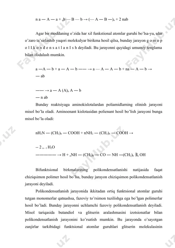 an o’zaro ta‘sirlanish reaktsiyasi susayadi va bu bosqichda polikondensatsiyalanish jarayoni to’xtaydi, faqat ayrim hollardagina oxirigacha boradi. shu bilan bir qatorda reaktsion aralashma birdania ikki qismga ajraladi; erimaydigan saqichsimon modda va eriydigan mahsulotdan iborat bo’ladi. saqichsimon moddadan eriydigan mahsulotni erituvchlar yordamida ekstraktsiya qilish yo’li bilan ajratib olinadi. reaktsion aralashmaning qismlarga (fazalarga) ajralish nuqtasini xarakterlaydigan kattalik (r) bilan ishoralanadi va uni r e a k ts i y a t u g a l l a n i sh i n i n g k r i t i k d a r a j a s i (rkr) deyiladi. saqichsimon moddaning erimasligi, uning tarkibidagi makrozanjirlarning o’zaro kimyoviy mustahkam bog’ hosil qilib bir – biri bilan tikilgan birlamchi molekulyar to’rdan iborat bo’lganligi uchun erituvchi molekulalari ularni bir – biridan ajrata olmaydi. saqichsimon moddaning hosil bo’lish nuqtasida molekulyar massaning o’rtacha soniy qiymati unchalik katta bo’lmay, o’rtacha vazniy qiymati cheksizlikka intiladi, ya‘ni yuqori molekulyar …