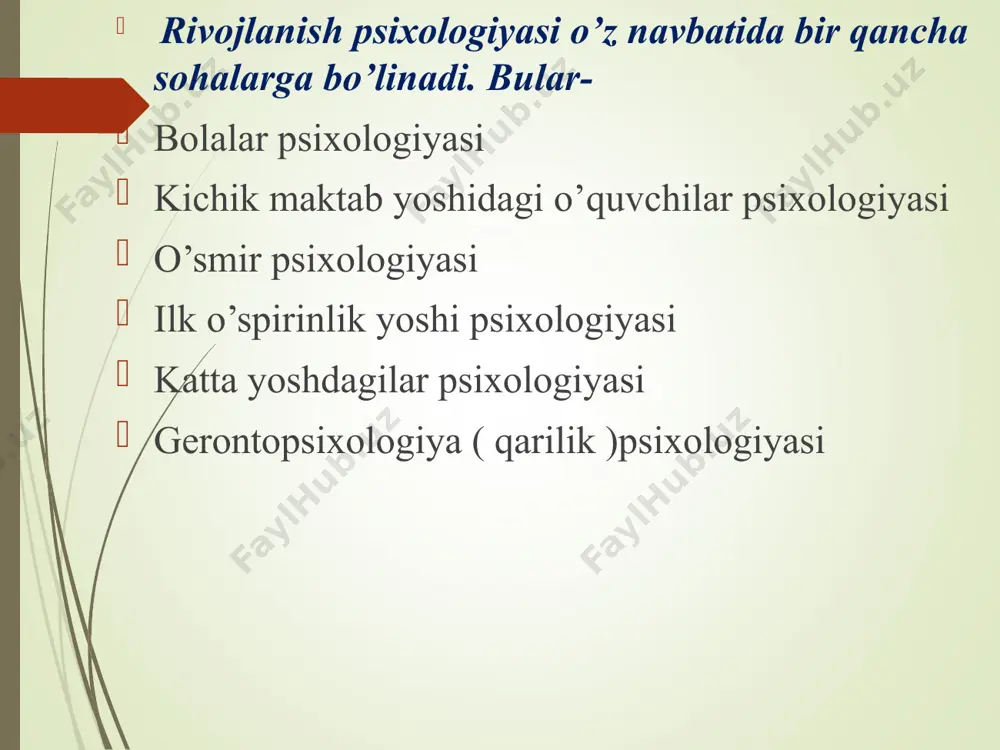 va “umumiy psixologiya” toshkent 2010 tdpu nashriyoti, 2010 y 5. z.t.nishonova, d.qarshieva, n.atabaeva, z.qurbonova “psixodiognostika va eksperimental psixologiya” toshkent 2014 6. z.t.nishonova, g.alimova “bolalar psixologiyasi va uni o’qitish metodikasi” 7. sh.a.do’stmuhamedova, z.t.nishonova, s.x.jalilova, sh.t.karimova, sh.t.alimbaeva “yosh davrlari va pedagogik psixologiya” toshkent-2013 мартинсковой т.д. “детская практическая психология” под.ред.-м., “изд-во” 2000.-255с. петерс в.а, “педагогическая психология (в вопросах и ответах)” м. |“изд-во” 2000. хрестоматия “психология зрелости” м. самара. гуманитарний наук, 2003