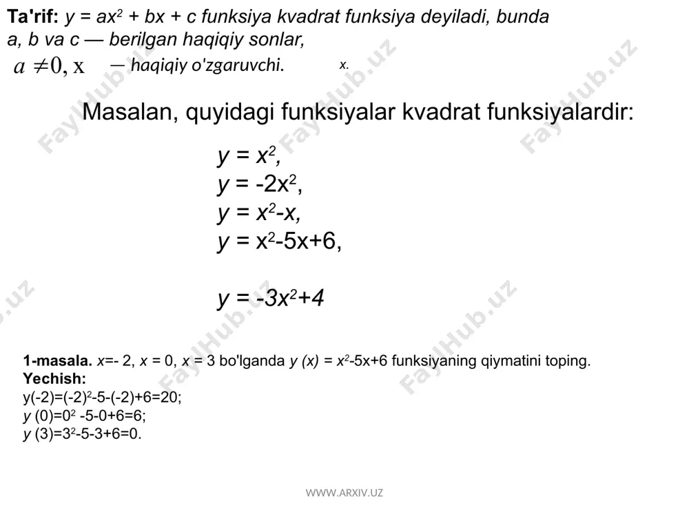 pastga yo'nalgan. y=ax2 parabolaning fokusi 0; — nuqtada joylashganligini ta'kidlaymiz. y = ax2 funksiyaning asosiy xossalahni sanab o'tamiz, bunda a 0 ga teng emas. www.arxiv.uz 1 0 x 1 y y=x2 y=-x2 0 x y y=(1/2)x2 y=-(1/2)x2 www.arxiv.uz 1) agar a >0 bolsa, u holda y =ax2 funksiya x 0 ga teng emas bo'lganda musbat qiymatlar qabul qiladi; agar a 0 bo'lsa, y holda y =ax2 funksiya x > 0 bo’lganda o'sadi va x 0 boiganda kamayadi va x 0 a) 0 x y y=ax2 , a 8 tengsizlikni yeching. berilgan funksiyalarning grafiklarini yasaymiz (8- rasm). 2x2 >8 tengsizlikni yechish uchun x ning shunday qiymatlarini topish kerakki, y=ax2 parabolaning nuqtalari y=% to'g'ri chiziqdan yuqorida yotsin. 8- rasmdan ko'rinib turibdiki, 2x2>8 tengsizlik x 2 bo'lganda to'g'ri bo'ladi. 5-masala. a ning shunday qiymatini topingki, y=ax2 parabola bilan y=2x+4 to'g'ri chiziqning kesishish nuqtalaridan birining abssissasi x=2 bo'lsin. to'g'ri chiziqning 2=2x+4 tenglamasidan kesi­shish nuqtasining …