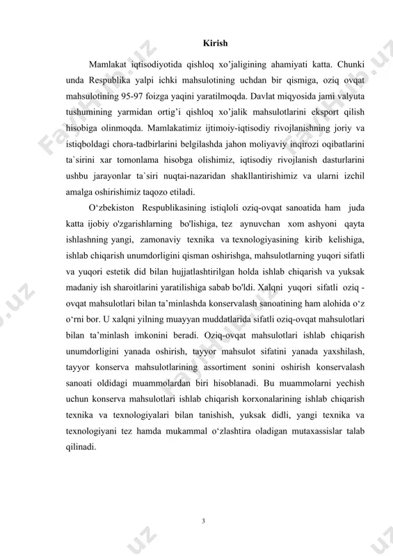 ahamiyatga ega. o’zbekistonda energiyatejamkor texnologiyadan foydalanib qishloq xo’jaligi mahsulotlarini quritish dolzarb muammodir. tadqiqot obyekti - “qapchug’ay mevalari” aj xususiy korxonasi. tadqiqot predmeti – danakli mevalarni quritishga tayyorlash va quritish tizimini asoslash. tadqiqiot maqsadi va vazifalari hozirgi vaqtda mavsumda yetishtirilgan danakli mevalarni mahsulotlari ishlab chiqarib, va quritib yil mobaynida axoliga yetkazib berilmoqda. aholisini quritilgan danakli meva mahsulotlariga bo’lgan ehtiyojini to’laroq qondirish va mahsulotni tannarhini kamaytirish maqsadida: o’rikni quritish texnologiyasini tadqiq qilish va bu texnologiya elementlarini takomillashtirishni maqsad qilib oldik. tadqiqot davomida quyidagi vazifalar bajariladi: - o’rikni quritishga tayyorlash jarayonini o’rganish; - mavjud va taklif etilayotgan texnologiyalarning ishlashi; - o’rikni kesish qalinligini o’zgarishini qurish tezligiga ta’sirini o’rganish; - o’rikni kesish enini o’zgarishini qurish tezligiga ta’sirini o’rganish; - sutka mobaynida bug’ hosil qilish uchun sarflanayotgan tabiiy gaz miqdorini o’rganish; - iqtisodiy samaradorlik darajasini aniqlash. 3. muammolarni o’rganib chiqish ilmiy ishning amaliy ahamiyati shundan iboratki, katta miqdorda yetishtiriladigan o’rik hosilini nes-nobud qilmasdan tezda qayta …