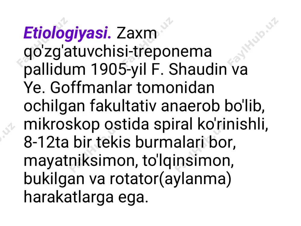 di. vasserman reaksiyasi manfiy,tashxis sifiloma yuzasidan ajralayotgan to'qima suyuqligidan bakteroskopik yo'l bilan rangsiz spiroxeta topishga asoslanib qo'yilad. b) birlamchi serapozitiv zaxm- qondagi antitanachalar miqdori yetarli, seroreaksiya musbat bo'lgandan boshlab o'rtacha 3-4 hafta davom etadi. davrning oxirida poliadenit ham kuzatilishi mumkin. zaxmning ikkilamchi davri qattiq yara paydo bo'lagandan so'ng 6-8hafta davom etadi. infeksiya butun oragnizm bo'yicha tarqalgach terida ilk toshmalar paydo bo'ladi. bu davr terida tarqoq, ko'p miqdorda dog'li tusgunchali, va yiringli toshmalar toshishi, poliadenit, soch va ichki a'zolar jarohatlanishi, neyroendokrin tizim jarohatlanishi kuzatiladi. ikkilamchi zaxmning klinik kechishidan ikkilamchi yangi, ikkilamchi yashirin, ikkilamchi qaytalama turlari tafovut ediladi. ikkilamchi yangi zaxm. triponemalar limfadan ko'p miqdorda qonga tushgandan so'ng boshlanadi. terida ikkilamchi sifilidlar-dog', tuguncha, yiring paydo bo'ladi. treponema organizmda juda ko'p, toshmalar mo'l, tarqoq, bir-biridan ajralib joylashadi. bu davr juda yuqumli hisoblanadi. o'rtacha 1.5-2 oy davom etadi. erta yashirin zaxm. ikkilamchi sifilidlar o'z-o'zidan so'rilib yo'qolgandan so'ng, zaxmning latent davri boshlanadi. klinik toshmalar yo'q, …