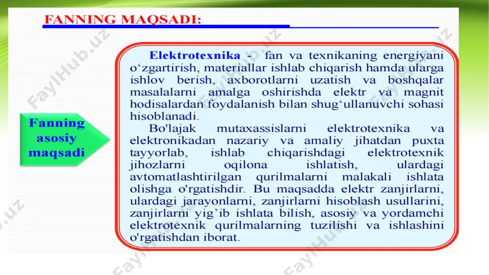 ilan eyuk yoki uning qismlari orasidagi kuchlanish o’zgarmaydigan manbadir. r ichki = 0 elektr zanjiri 1 - eyuk manbai; 2 - ampermetr; 3 - iste’molchi; 4 - ulab_x0002_uzgich (kalit). 1.2. elektr zanjiri va uning elementlari. energiya manbalari. tok manbai: iste’molchi qarshiligi o’zgarishi bilan undan o’tayotgan tok qiymati o’zgarmas bo’ladigan manba tok manbai deyiladi. tok manbaining ichki qarshiligi  1.2. elektr zanjiri va uning elementlari. energiya manbalari. elektr zanjiri va uning elementlari: elektr zanjirlarini hisoblashda uning ba’zi – bir elementlarini bilish va ularni bir – biridan farqlash zarur. tarmoq – bu elektr zanjirlarining bitta yoki bir nechta elementlari ulangan qismi bo’lib ulardan faqat bittayu bitta tok o’tadi. tugun – bu elektr zanjirlarining uchta yoki undan ortiq tarmoqlari ulangan qismi hisoblanadi. e’tiboringiz uchun rahmat image1.jpeg image3.png image4.png image5.png image6.png image7.png image8.png image9.png image10.png image11.png image2.jpeg /docprops/thumbnail.jpeg