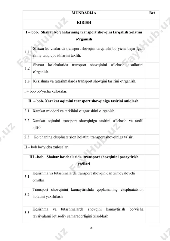 dqiq qilish. (toshkent shahar misolida)” mavzusida magistrlik dissertatsiyasi annotatsiyasi annotatsiya. ushbu dissertatsiya toshkent shahridagi kesishma va tutashmalarda avtomobillar tomonidan ishlab chiqariladigan shovqin darajasini aniqlashni ko'rib chiqadi, ko'cha kesishmalari va kesishmalarida tarqalish xususiyatlariga e'tibor beradi. tadqiqotda akustik nazorat texnikasi va shovqinni o'lchash vositalari qo'llaniladi. shahar muhitidagi turli chorrahalar va chorrahalardagi shovqin darajalari o'rtasidagi bog'liqlik ko'rib chiqiladi va uni yumshatish strategiyalari taklif etiladi. tadqiqot natijalaridan toshkent shahridagi ekologik muammolarni hal qilish va shaharsozlikni yaxshilash uchun foydalanish mumkin. abstract: this dissertation studies the issue of determining the level of noise emanating from vehicles in tashkent, studying the laws of its propagation at street intersections and junctions. the work uses acoustic control methods and noise measurement technologies. also, the relationship between the noise level at various intersections and junctions in urban areas is analyzed, and recommendations for its reduction are developed. the results of the research can be used in solving environmental problems and …