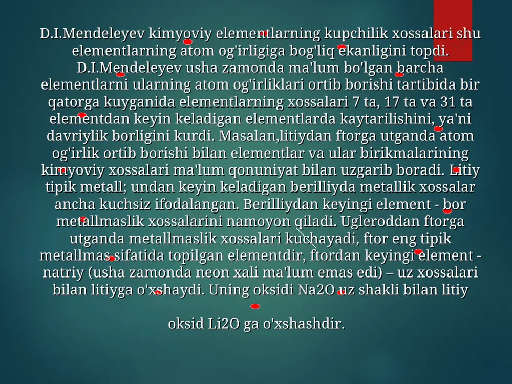 -birlariga o'xshaydi. shuning uchun davriy sistemada bu 15 ta elementga faqat bitta katak berilgan. vii davrda 89-element va 14 ta aktinoidlarga xam bir urin berilgan. ii va iii davr elementlarini d.i.mendeleyev tipik elementlar deb atagan. xar qaysi gruppa ikkita gruppachaga bulinadi. tipik elementlarga ega gruppacha asosiy gruppacha nomi bilan yuritiladi.tok qatorlarning elementlari esa yonaki yoki kushimcha gruppacha deb ataladi. asosiy gruppacha elementlari kimyoviy xossalari jixatidan yonaki gruppacha elementlaridan farq qiladi. buni vii gruppa elementlarida yakkol kurish mumkin. bu gruppaning asosiy gruppacha elementlari (vodorod, ftor, brom, yod, astat) aktiv metallmaslar bo'lib, yonaki gruppacha elementlari (marganes, texnesiy, reniy)- xakikiy metallardir. viii gruppaning asosiy gruppachasi inert gazlar, yonaki gruppachasi 9 ta metall (temir, kobalt, nikel, ruteniy, radiy, palladiy, osmiy, iridiy, platina)dir. xar qaysi gruppa nomeri usha gruppaga kiruvchi elementlarning kislorodga nisbatan maksimal valentligini kursatadi. lekin mis gruppachasida va viii, vii gruppa elementlarida bu koidadan chetga chiqish xollari ruy beradi; chunonchi mis bir va …