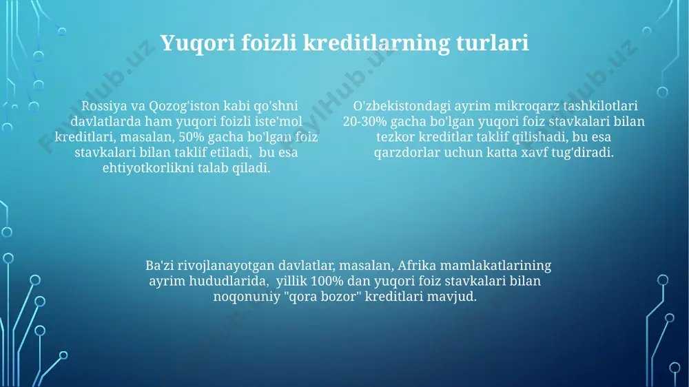 ko‘rsatkich 40% ga yetgan. kichik biznes kreditlari va foiz stavkalari qashqadaryo viloyatining ayrim banklarida mikro-kreditlar uchun foiz stavkalari 30% dan yuqori, kredit miqdori esa 5 million so'mdan oshmaydi, bu esa kichik tadbirkorlar uchun muhim cheklov hisoblanadi. toshkent shahrida kichik biznes uchun beriladigan kreditlarning o'rtacha foiz stavkalari 2023 yilda 18% dan 25% gacha o'zgarib turdi, bu esa biznesning rivojlanishiga sezilarli darajada ta'sir qildi. samarqand viloyatida fermer xo'jaliklariga beriladigan qisqa muddatli kreditlarning foiz stavkalari, o'rtacha 20% ni tashkil etib, davlat subsidiyalari mavjudligiga qaramay, yuqori bo'lib qolmoqda. kreditlar bo'yicha maslahatlar samarqandda uy sotib olish uchun kredit olishda, boshlang'ich to'lov miqdori kamida 20% bo'lishi kerakligini va oylik to'lovlarni o'z vaqtida amalga oshirish muhimligini unutmang, aks holda jarima to'lashingiz mumkin. farg'onada biznes uchun 5 million so'm miqdorida kredit olishda, foiz stavkasi yillik 25% dan oshmasligi va kredit muddati maksimal 3 yil bo'lishi maqsadga muvofiqdir, har bir shartni sinchiklab o'qing. toshkentdagi banklardan kredit olishdan avval, foiz …