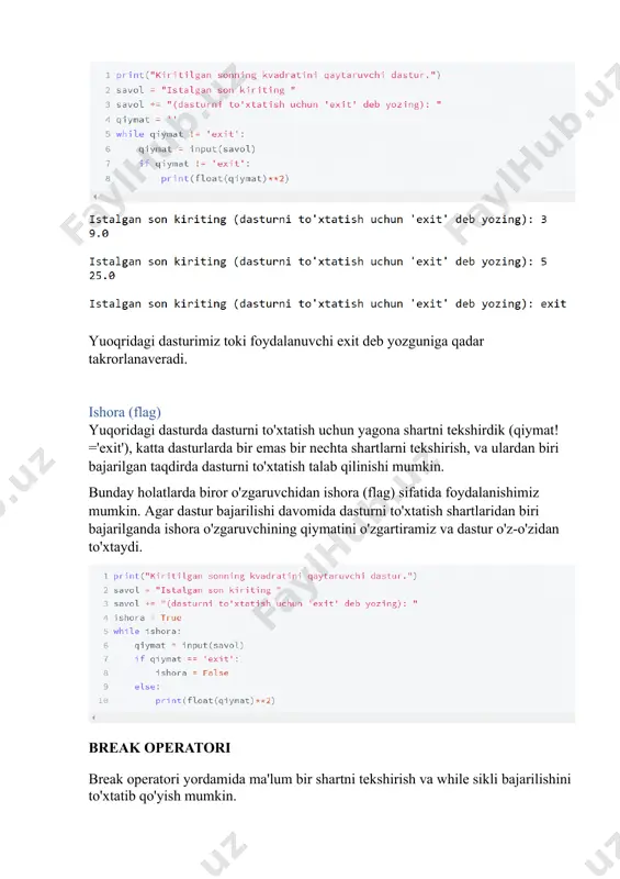 eratori bo'lib, fo r dan farqli ravishda, toki ma'lum bir shart to'g'ri ( tru e ) bo'lsa, kodni takrorlayveradi. while so'zi ingiz tilidan " toki " yoki " - gacha " deb tarjima qilinadi . keling sodda misol ko'ramiz, while yordamida 5 gacha sanaymiz : natija: 1 2 3 4 5 yuqoridagi kodni tahlil qilamiz: · avval son degan o'zgaruvchi yaratdik va unga 1 qiymatini berdik. · 2 - qatorda esa toki son 5 dan kichik yoki teng ekan 3 - 4 - qatorlarni bajar dedik. · 3 - qatorda son ni konsolga chiqardik · 4 - qatorda son ga 1 qo'shdik. · 4 - qatordan so'ng kod yana 2 - qatorga qaytadi va son<=5 shartini tekshiradi, agar shart bajarilsa 3 - 4 qator qayta - qayta bajarilaveradi. · 5 - qadamdan so'ng son=5 bo'lganda while sikli to'xtaydi. pythonda += operatori bor. bu operator o'ng tarafdagi qiymatni chap tarafdagi qiymatga …