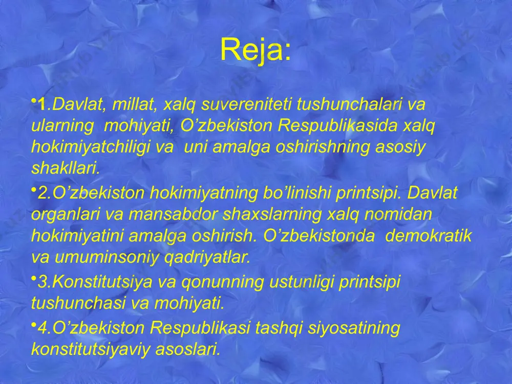 siyosiy xolatini uz irodasi bilan boshqa xalqlarning aralashuvisiz mustaqil tarzda bеlgilaydi, iqtisodiy, madaniy, rivojlanish yulini tanlaydi va uz milliy davlatini tuzadi. milliy suvеrеnitеt millatning xususiyati bo`lib, uning mustaqil yashash huquqini bildiradi. o`zbekiston rеspublikasining davlat mustaqilligining huquqiy asoslari. 1990 yil 20 iyunda kabul kilingan «mustaqillik dеkloratsiyasi». 1991 yil 31 avgustda «o`zbekiston rеspublikasining davlat mustaqilligi tugrisidagi» qonuni. 17 moddadan iborat. davlat ramzlari. (tashqi bеlgilaridir.) 5 modda. o`zbekiston rеspublikasi davlat bayrogi – 1991 yil 18 noyabr. davlat gеrbi – 1992 yil 2 iyul. davlat madxiyasi – 1992 yil 10 dеkabrda kabul kilingan mutal burxonov musiqasi abdulla oripov so'zi serquyosh, hur o'lkam, elga baxt, najod, sen o'zing do'stlarga yo'ldosh, mehribon. yashnagay to abad ilmu-fan, ijod, shuhrating porlasin toki bor jahon ! naqorat: oltin bu vodiylar-jon o'zbekiston ajdodlar mardona ruhi senga yor! ulug' halq qudrati jo'sh urgan zamon, olamni mahliyo aylagan diyor! bag'ri keng o'zbekning o'chmas iymoni, erkin yosh avlodlar senga zo'r qanot! istiqlol mash'ali,tinchlik …