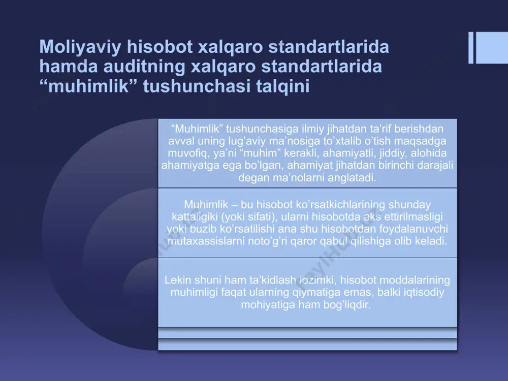 tayyorlashadi. guruhlar bo’yicha balans jami summasi 100 mln. so’mni tashkil etgan. umumiy guruh uchun muhimlik darajasi 5 mln. so’m (balans jami summasining 5% i) qilib belgilangan. bu yerda shuni e’tiborga olish lozimki, komponentlar miqyosida muhimlik darajasini belgilashda cheklovlar mavjud: konservativ yondashuv komponentlar konservativ yondashuv bo’yicha guruhlar bo’yicha umumiy muhimlik darajasi 5mln. so’m 5 ta komponentga oddiy arifmetik taqsimlash yo’li bilan taqsimlanadi. bizning misolimizga muvofiq sho’ba korxonalar hajm jihatdan teng bo’lganligi munosabati bilan ularning xar biriga muhimlik darajasini 1 mln. so’m qilib belgilaymiz. agar biz o’rganayotgan komponentlar hajm jihatdan xar xil bo’lganda ham guruh uchun umumiymuhimlik darajasi 5 mln. so’mni tashkil etgan bo’lar edi, ammo uni komponentlarga taqsimlash har bir komponentning salmog’iga mutanosib ravishda taqsimlanar edi. komponentlar bo’yicha muhimlik darajasini 5 mln. so’m miqdorida belgilanishi (ya’ni guruhlar uchun umumiy muhimlik darajasiga teng miqdorda, belgilanishi), xatoliklarni aniqlanmaslik riskini oshishiga olib keladi. komponent bo’yicha umumiy muhimlik multiplikatori, guruh bo’yicha umumiy muhimlik darajasiga nisbatan …