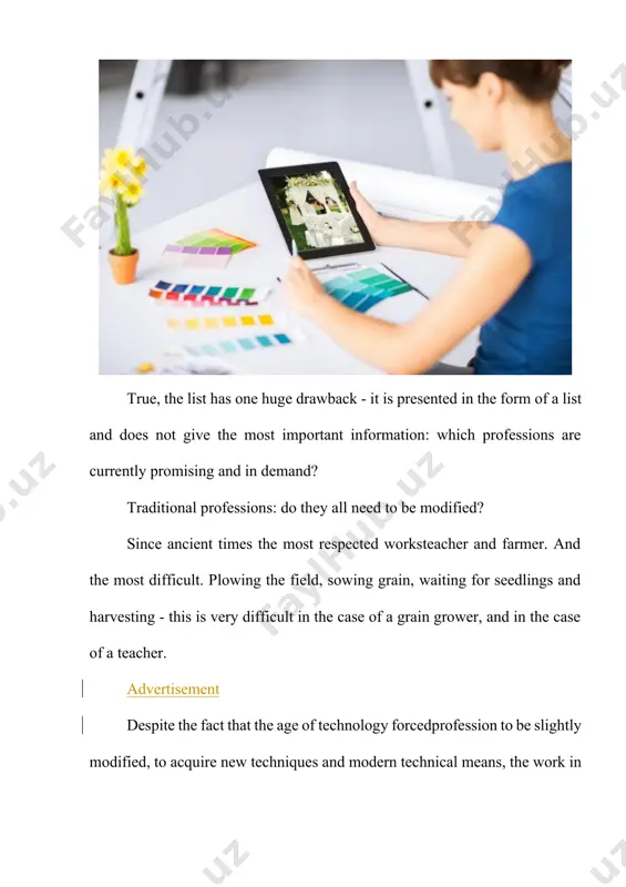person has good logical skills and is good at mathematics, he can choose to become an engineer, a math teacher, a bank manager. people, who are fond of biology and chemistry, make good doctors. people, who are interested in physics and scientific experiments, could be inventors. people with good analytical and research skills can become excellent lawyers. choosing a profession people also have to consider the responsibilities and the conditions of future work. for example, one might think that being a football player is easy. they simply wear a uniform, kick the ball and sometimes score goals. in fact, it’s not as easy as it seems. a successful footballer attends millions of trainings no matter the weather and his general health. he can practice under the rain, with aching body parts, leaving behind family and other problems. he also needs certain traits of character to succeed, such as being self-confident, …