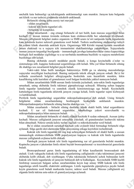 gilarsiz kechadi, tuberkulin sinamasi yordamida aniklanadi. katta yoshdagi odamlarda birlamchi silning klinik-rentgenologik kurinishi juda kam kuzatiladi. bunday xolatlar asosan bolalik yoki usmirlikdagi birlamchi sil jarayonining klinik tuzalishi bilan kechganda va organizmga kaytadan smb ning tashki muxitdan tushishida kuzatilish mumkin. birlamchi sildan zararlanish okibati smb ning soni va virulentligi, organizmga tushish muddati va muxim darajaga ega organizmning immun biologik xolatiga boglik. smb bilan zararlangan 90-95% odamlarda sil rivojlanmaydi. ularda sildan zararlanish belgilarsiz kechadi va silga qarshi immunitet xosil bulishi bilan tugaydi. bu esa sil infeksiyasiga odam organizmining tabiiy chidamliligi va emlashdan keyingi immunitetning paydo bulishi bilan izoxlanadi. umumiu immun tankislikda, bsj bilan emlanmaganlar yoki noto‘g‘ri emlanganlarda birlamchi sildan zararlanish kasallikka olib kelishi mumkin. smb bilan zararlanganlarda birlamchi sil rivojlanishini aniklash uchun uning sogligiga e’tiborni kuchaytirish kerak. sil bilan kasallanganlardan 10-20% bolalar va usmirlar, 1% dan kamrok kattalarda birlamchi silning turli shakllari aniklanadi. birinchi marta aniklangan bemorlar orasida 0,8-1% gacha birlamchi sil …
