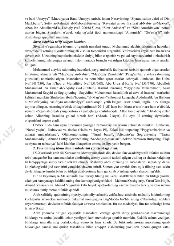 t-savod, o‘quv ishlarida, yozuv adabiyotida arab tilini joriy qilishga intildilar. ix asrlarga kelib o‘rta osiyoda arab tili ilmiy va adabiy til darajasiga ko‘tarildi. ana shu davrda turli fan sohalari bo‘yicha yetishgan ilohiyot olimlari, mufassirlar, faqihlar, riyoziyunlar, munajjimlar, tilshunoslar, tarixchilar, tabib va boshqalar o‘z asarlarini arab tilida yozdilar. bularga muhammad muso al-xorazmiy (783- 850), ahmad as-saraxsiy (837/899), muhammad ibn ja’far narshaxiy (899/959), sulaymon al-xattobiy (931/998), abu nasr muhammad forobiy (873/950), ahmad farg‘oniy (vaf.861), ahmad marvaziy (vaf. 887), ibn nasr jayhoniy (vaf.942), mahmud qoshg‘ariy (xi asr), as-saolibiy (961- 1038), at-tabariy (x asr), ibn xurdodbeh (820-912), ibn rusta (ix-x asrlar), al-istaxriy (x asr) va boshqalarni misol qilib ko‘rsatish mumkin. ensiklopedik olimlardan abu rayhon beruniy, uning zamondoshi ibn sino ham o‘zining barcha asarlarini arab tilida tasnif etdilar. vii-x asrlarga kelib, butun islom olami tan olgan oltita hadislar to‘plami vujudga keldi. bular asosan markaziy osiyolik muhaddislar, jumladan, imom buxoriy, imom muslim, termiziy, nasoiy, abu dovud, …