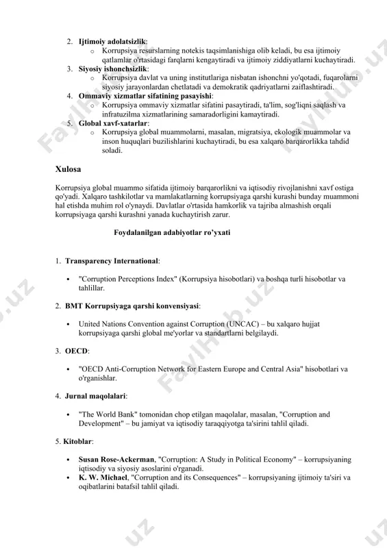 ali dunyodagi eng kam korrupsiya darajalaridan biriga ega. davlat xizmatining shaffofligi va samaradorligi, shuningdek, javobgarlik va nazorat tizimlari kengaytirilgan. 2. yangi zelandiya: · yangi zelandiya korruptsiyaga qarshi qonunchilikni kuchaytirish, shaffoflikni oshirish va jamoatchilik ishtirokini rag'batlantirish orqali muvaffaqiyatli natijalarga erishdi. ular huquqiy davlatning asosiy tamoyillarini mustahkamlashga intiladi. 3. germaniya: · germaniya korrupsiyaga qarshi kuchli qonunchilikka ega. ommaviy xizmatlar va davlat xaridlari jarayonlarida shaffoflikni ta'minlash uchun nazorat mexanizmlari joriy qilingan. 4. braziliya: · braziliyada "operatsiya lava jato" (tozalash operatsiyasi) orqali katta korrupsiya ishlariga qarshi kurash olib borildi. bu jarayonda ko'plab yuqori lavozimli rasmiylar va biznesmenlar hibsga olindi. global miqyosda ijtimoiy illat sifatida korrupsiyaning ta'siri korrupsiya global muammo sifatida bir qator ijtimoiy va iqtisodiy ta'sirlarni keltirib chiqaradi: 1. iqtisodiy o'sishga to'sqinlik: · korrupsiya mamlakatning iqtisodiy rivojlanishiga salbiy ta'sir qiladi, investitsiyalarga xavf tug'diradi va bozorni notekis taqsimlaydi. 2. ijtimoiy adolatsizlik: · korrupsiya resurslarning notekis taqsimlanishiga olib keladi, bu esa ijtimoiy qatlamlar o'rtasidagi farqlarni kengaytiradi …