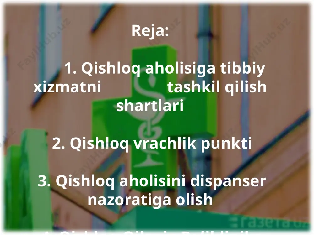 rasi uning tipiga va xizmat koʼrsatayotgan aholi soniga bogʼliq. umumiy tarzda qvp tarkibi quyidagicha koʼrinishda boʼladi. *umumiy amaliyot shifokori va kunduzgi shifoxonadagi oʼrinlar soni qvpning tipiga bogʼliq. qvpga tuman tibbiyot birlashmasi boshligʼi tomonidan tayinlangan – mudir rahbarlik qiladi, oʼrinbosari sifatida moliyaviy menedjer lavozimi kiritilgan qvp mudiri, oʼrnatilgan tartibda qvpning faoliyatiga umumiy rahbarlik qiladi. qvp faoliyati tuman tibbiyot birlashmasi tomonidan nazorat qilinadi. qvp toʼla qonli faoliyat koʼrsatish uchun davlat mablagʼi hisobidan tibbiyot apparatlari, tibbiyot mebellari, dori vositalari, sanitariya va gigiena vositalari, yumshoq va qattiq inventarlar bilan taʼminlandi. qvpning maqsad va vazifalari qvpni tuzishdan maqsad umumiy amaliyot shifokori va oilaga tibbiy – ijtimoiy xizmat koʼrsatish printsipi asosida qishloq aholisiga sifatli birlamchi yordamni koʼrsatish. qvpning asosiy vazifalari: • biriktirilgan xudud aholisini malakali tibbiy yordam bilan taʼminlash; • аmbulatoriya va uyda bemorlarni qabul qilish; • qishloq aholisiga tez – tez uchrovchi kasalliklarni davolash va profilaktikasi boʼyicha alohida patsient va butun oila darajasida tibbiy xizmat …