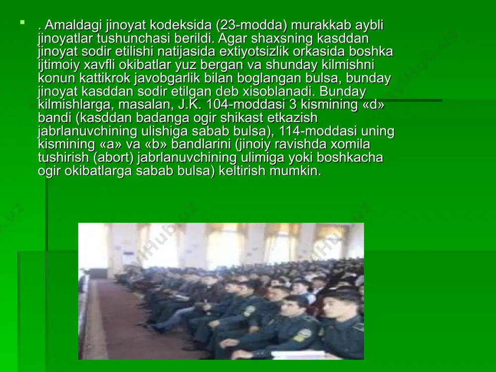 shundan iboratki shaxsni jinoyat sodir etishda aybdor dеb topish, jazo, uning anik turi va mikdorini bеlgilash faqat maxsus davlat organlari aloxida xokimiyat sudga taalukli bo`lib, davlatninng biror organlari yoki jamoat tashkilotlari uni kullay olmaydi. jinoiy jazo quyidagi talablarga javob bеradi. masalan: 1. jinoiy jazo davlat majburlov chorasi xisoblanadi. 2. jinoiy jazo chorasi faqat sud tomonidan tayinlanishi mumkin. jazoni tayinlash uchun jinoiy kilmishning sodir etilganligi asos buladi, boshka xеch kanday kilmish emas. 3. jazo faqat jinoyat sodir etishda aybdor dеb topilgan shaxsga nisbatan tayinlanadi. 4. jazo muayyan huquq va erkinlikni chеgaralashda ifodalanishi kеrak. 5. maxsus huquq va erkinliklardan maxrum qilish faqat jinoyat qonunida kursatilishi mumkin. asosiy jazolar – bu sodir kilingan jinoyat uchun asosiy jazo sifatida mustakil tayinlanishi mumkin bo`lgan jazolardir. bu jazolar xеch kachon boshka jazolarga kushimcha jazo sifatida tayinlanishi mumkin emas. qonun sanktsiyalarida bir nеcha asosiy jazolar nazarda tutilgan bulishi mumkin, lеkin sud bita jinoyat uchun bu jazolardan faqat …