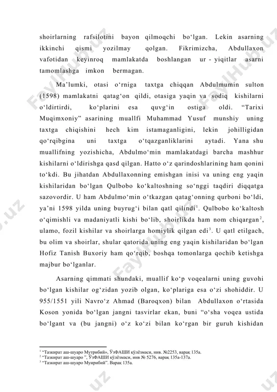 rlarning muallifi ul hazratning (abdullaxonning) eski pahlavonlaridan bo‘lgan mullo keldishdan shuni (ham) eshitgan ediki...”. bunday faktlarni istagancha keltirish mumkin. [6: “шарафномаи шоҳий”. варақ 65а.] “sharafnomayi shohiy”ning yozila boshlangan va tamomlangan yili haqida ham turlicha fikrlar mavjud. l.a. zimin asarning tamom yozib bo‘lingan yili deb hijriy 996/1587-88 yilni oladi. muqaddimada keltirilgan quyidagi manzum tarix asarning yozilgan yilini ochiq ko‘rsatadi: bu shunday “sharafnoma”ki, (hammaga) g‘oyat maqbul bo‘lganidan, falak qadar (ulug‘) shahanshoh (abdullaxon) nomidek sharaf orttirdi. ne taajubki, uning tamom bo‘lishi tarixi va nomini tahrir qalami “sharafnomayi shohiy” deb atadi. bu yerda “sharaynomayi shohiy” so‘zlaridagi harflar hijriy 992/1584 yilni keltirib chiqaradi. lekin asar 996/1587-88 va undan keyingi yillardagi voqealarni ham o‘z ichiga olgan. shuning uchun ham “abdullanoma” 1005/1596 yoki undan keyingi yillarda tamomlangan deb aytish mumkin. asarning muallifi haqida kam ma’lumotga egamiz. hofiz tanish buxoriy “nahliy” va “kiromiy” taxalluslari bilan ham mashhurdir. u asli buxorolik bo‘lib, ilmning ko‘p sohalarini egallagan[footnoteref:7] va zamonasining yetuk …