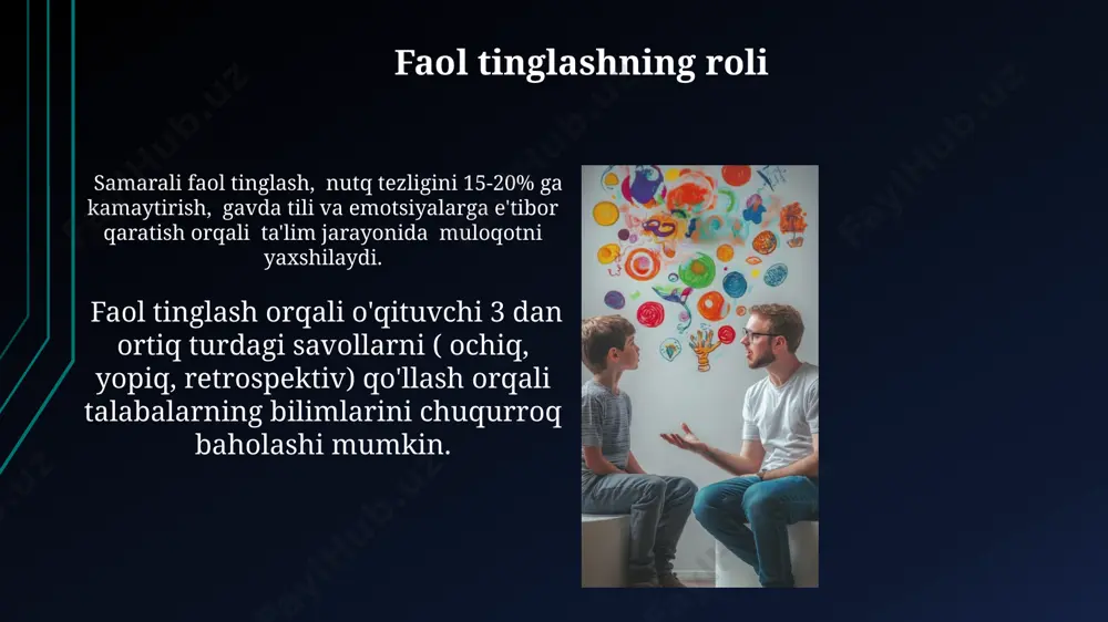 rbal aloqa vositalarining 55 foizi xabarni yetkazishda og'zaki aloqaga nisbatan ancha kuchli ta'sir ko'rsatadi, bu esa pedagogik ta'sirchanlikni oshirishda muhim rol o'ynaydi. proksimiya, ya'ni o'qituvchi va talabalar orasidagi masofa (yaqin, o'rtacha, uzoq), o'quv jarayonining samaradorligiga va o'zaro munosabatlarning xususiyatiga ta'sir ko'rsatadi, bu taxminan 7% ta'sir qiladi. pedagogik ta'sirning ahamiyati muvaffaqiyatli pedagogik ta'sir 5 ta asosiy komponentni o'z ichiga oladi: motivatsiya, tushunarlilik, amaliyot, takrorlash va individual yondashuv. pedagogik ta'sir o'quvchilarning 70% gacha bilimni o'zlashtirish darajasiga bevosita ta'sir qiladi, shuning uchun samarali o'qitish uslublari muhim. muloqot ko'nikmalari va pedagogik natijalar o'qituvchining muloqot ko'nikmalarining 30% gacha o'quvchilarning bilim o'zlashtirish darajasiga ta'sir ko'rsatishi isbotlangan. bu, samarali dars berish uchun muloqotning ahamiyatini ko'rsatadi. interaktiv usullar va ochiq muloqot orqali o'quvchilarning faol ishtiroki 15-20% ga o'rtacha bilim o'zlashtirishni oshiradi. bu, o'qituvchi-o'quvchi munosabatlarining ahamiyatini ta'kidlaydi. e'tiboringiz uchun rahmat @taqdimot_robot image1.jpg image2.jpg image3.jpg image4.jpg image5.jpg image6.jpg image7.jpg image8.jpg image9.jpg image10.jpg image11.jpg image12.jpg