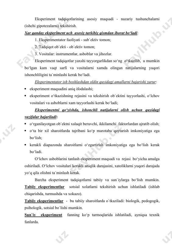 i. ishlab chiqarish eksperimenti tadqiqot ob`ektini real sharoitlarda, real ishlab chiqarishning turli ko‘rinishdagi ta`sirlarini xisobga olgan xolda olib boriladi, faqat ishlab chiqarish sharoitlaridagi eksperimentni o‘tkazish juda katta tayyorgarlikni talab qiladi. bunday eksperimentlar laborotoriyadagidan murakkab, tajriba naturasi (mavjud jarayon yoki ob’ekt) xajmdorligi oqibatida puxta fikrlash va rejalashtirishni talab etadi. ekspluatatsiya qilinadigan ob’ektning turli dala sinovlari xam ishlab chiqarish tadqiqotlarga kiradi. tegishli metodika va shakl boʻyicha tashkilotlar yoki muassasalardan, korxonalardan u yoki bu tadqiq etilayotgan masala boʻyicha materiallar toʻplash ishlab chiqarish eksperimentlarining bir turi xisoblanadi. ba`zida, izlovchi (birlamchi) eksperimentlarni o‘tkazishga to‘g‘ri keladi. u o‘rganilayotgan xodisalarga barcha faktorlarning ta`sirlarini tasnif (klassifikatsiya) qilish uchun birlamchi qiymatlar yetishmaganda o‘tkaziladi. bu eksperimentlar natijasida, tadqiqotning to‘la o‘tkazish dasturi yaratiladi. eksperiment dasturi – eksperimental tadqiqotlarning uslubiy asosi boʻlib u quyidagilarni oʻz ichiga oladi: - tadqiqot mavzulari roʻyxati va ishchi gipoteza mazmuni; -eksperiment uslubiyoti va uni bajarish uchun zarur materiallar, asboblar, qurilmalar va xokazolar roʻyxati; - bajaruvchilar roʻyxati va …