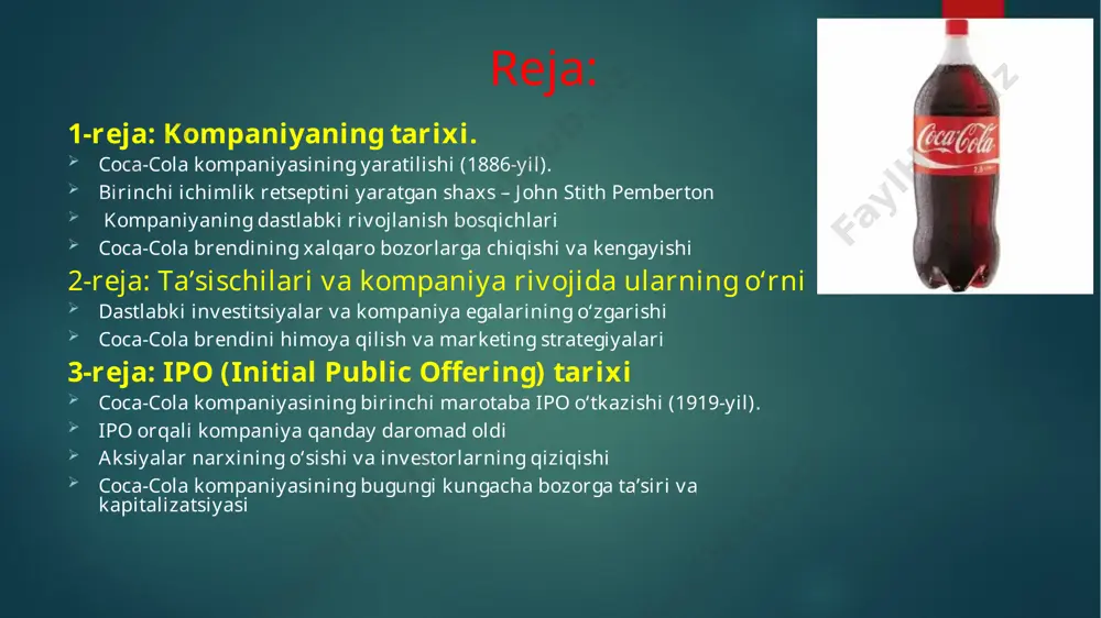 bo‘lgan. u farmatsevt sifatida faoliyat yuritgan va coca-cola dastlab tibbiy ichimlik sifatida ishlab chiqilgan. qiziqarli fakt: pemberton bu ichimlikni yaratayotganda unda haqiqiy koka barglari (kokain miqdori minimal bo‘lgan) va kola yong‘og‘idan olingan kofein bo‘lgan. keyinchalik, retsept bir necha marta o‘zgartirildi. 🏁 1. boshlanishi (1886-yil) yaratuvchi: john stith pemberton coca-cola ichimligini 1886-yilning 8-may kuni yaratdi. dastlabki nom: ichimlik dastlab dori sifatida "tonik" tarzida sotilgan. dastlabki sotuv joyi: jacobs’ pharmacy (atlanta, georgia). narxi: 1 stakan ichimlik – 5 sent. 💼 2. asa candler davri (1888–1892) pemberton vafotidan so‘ng, coca-cola’ning huquqlari tadbirkor asa griggs candlerga o‘tadi. asa candler coca-cola’ni ichimlik sifatida ommaviy ravishda targ‘ib qiladi, uni doridan ko‘ra tijoriy mahsulotga aylantiradi. 1892-yilda the coca-cola company rasmiy ravishda tashkil etiladi. 🏭 3. brendlash va kengayish (1893–1900-yillar) 1893-yilda coca-cola nomi va logotipi rasman ro‘yxatdan o‘tkaziladi (trademark). kompaniya butun aqsh bo‘ylab reklama kampaniyalarini boshlaydi. coca-cola butilkalarda sotila boshlaydi (1900-yillarda), bu esa ichimlikni uzoqroq masofalarga yetkazib berish …