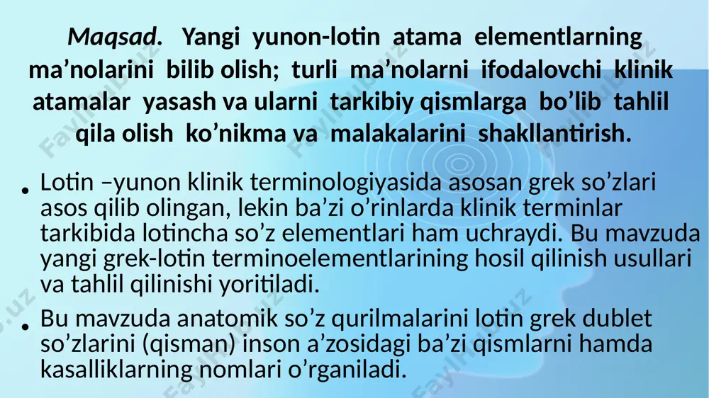, (hydor, hydratos) aqua, ae, f suv toxo-, toxico-, toxi-(toxon) venenum, i, n zahar litho-, -lithiasis (lithos) calculus, i, m tosh onco, (oncos, oncoma) tumor, oris m shish myelo-, -myelia (myelos) medulla spinalis medulla ossium orqa miya suyak ko’migi masto- (mastos) mamma, ae, f sut bezi oto-, -otia (us, otos) auris, is, f quloq ophthalmo-, ophthalmia (ophtalmos) oculus, i m ko’z sphygmo-, sphygmia pulsus, us, m tomir urishi gyno-, gynaeco-(hyne ) femina, ae, f ayol andro-,- andria(ander,andros) mas, maris m erkak paedio-, paedo- (pais, paidos, paedion) paedia(paidea) infans, ntis, m, f puer, eri m bola davolash usuli geri-, gero-, geronto-(geron) senex,senis m , senilis, e keksa topo- (topos ) locus, i m o’rin pharmaco- (pharmacon) medicamentum, i n dori b.tricho-, trichia papillus, i m soch onycho-, -onychia unguis, is m tirnoq dacryo-(dacryon) lacrima, ae, f ko’z yoshi sialo-, -sialia (sialon) saliva, ae, f so’lak copro-,(kopros) faeces, ium f (pl) stercus, …