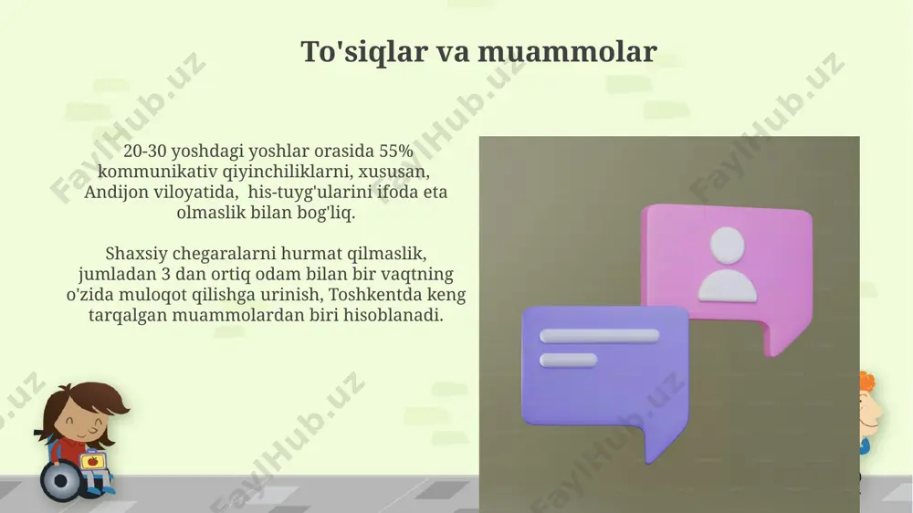 hissiy aqlning roli kamida 40%, muloqotning aniqligi va samimiyligi esa 60% ni tashkil etadi. muloqotning 3 asosiy komponenti – tinglash, gapirish va tushunish – toshkentdagi psixologlar tomonidan o'tkazilgan eksperimentlar natijalariga ko'ra, oilaviy munosabatlarning mustahkamligi uchun muhim ahamiyatga ega. nonverbal muloqot tanlangan masofa (proksemika) – nonverbal muloqotning muhim jihati bo'lib, masalan, shaxsiy zona 45 sm ga teng bo'lib, yaqin odamlar orasidagi munosabatlarni aks ettiradi. o'zbekiston kabi ko'p madaniyatli mamlakatlarda nonverbal muloqotning madaniy farqlarini hisobga olish, muvaffaqiyatli interpersonal munosabatlar uchun juda muhimdir, chunki 3 dan ortiq guruh o'ziga xos xususiyatlarga ega. aktiv tinglash samarali faol tinglash, suhbatdoshning fikrlarini 90% ga tushunish imkonini beradi va bu, masalan, toshkentdagi biznes muhokamalarida kelishuvlarga erishishda muhim rol o'ynaydi. faol tinglash jarayonida 7 ta asosiy element mavjud bo'lib, ularning 5 tasi amerika psixologi karl rogers tomonidan ishlab chiqilgan va jahon bo'ylab 200 dan ortiq mamlakatlarda qo'llaniladi. e'tiboringiz uchun rahmat @taqdimot_robot image6.jpg image7.jpg image8.jpg image9.jpg image10.jpg image11.jpg image12.jpg …