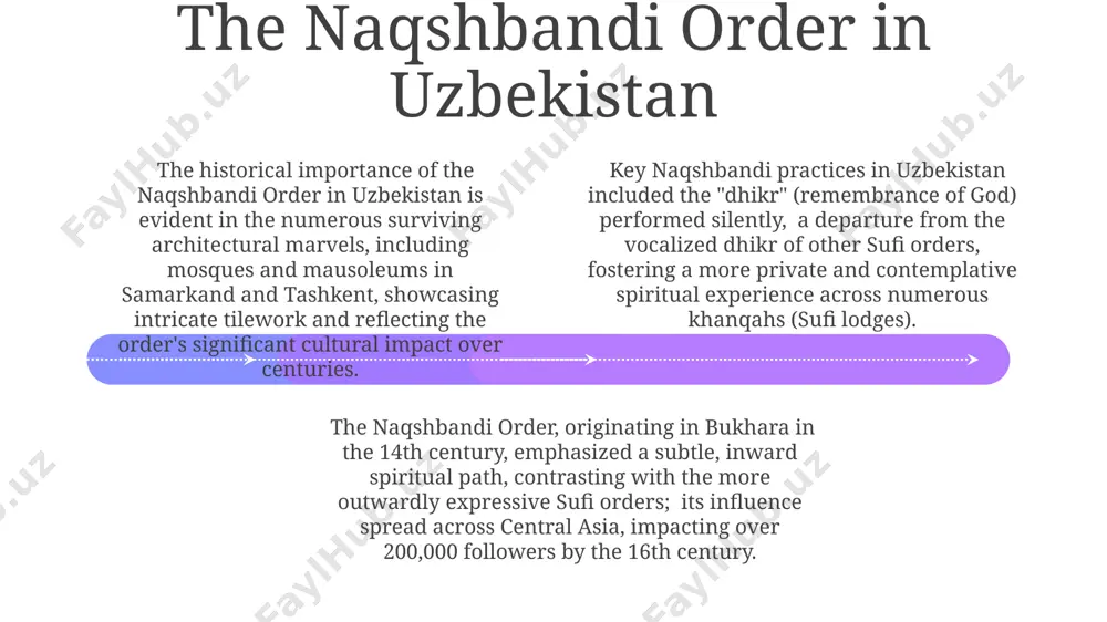 tuality in uzbekistan, highlighting individual devotion and localized practices. the architectural styles of uzbekistan's sacred sites, such as the intricate tilework of the shah-i-zinda necropolis in samarkand, reflect not only aesthetic choices but also encode complex cosmological and symbolic meanings, representing specific sufi schools and beliefs. the 12th-century mausoleum of bahauddin naqshband in bukhara, uzbekistan, serves as a pilgrimage site for sufi muslims worldwide, drawing thousands annually for its symbolic significance in naqshbandi sufism and its connection to the spiritual lineage. introduction to sufi mysticism the core tenets of sufism, including the concepts of tawhid (unity of god) and fana (annihilation of the self), spread rapidly across the islamic world, reaching central asia by the 11th century and profoundly influencing uzbekistan's cultural landscape. sufi mysticism, originating in 8th-century persia, emphasizes direct personal experience of the divine, often involving practices like dhikr (remembrance of god) and whirling, as seen in the …