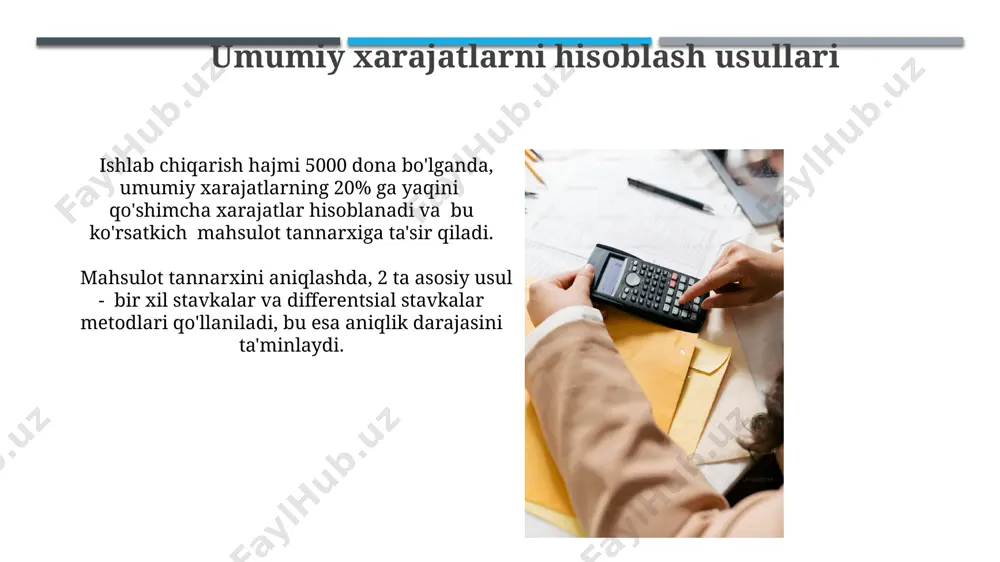 qarishda abc (activity-based costing) metodi yordamida 30% gacha aniqroq mahsulot tannarxini aniqlash mumkin, bu esa narxlash va foyda marjasini optimallashtirishga yordam beradi. to'g'ridan-to'g'ri va bilvosita xarajatlar bilvosita xarajatlarni, masalan, 1000$ miqdoridagi ijara haqini, mahsulot birligiga taqsimlash uchun maxsus usullar qo'llaniladi. to'g'ridan-to'g'ri va bilvosita xarajatlarni aniq ajratish, umumiy ishlab chiqarish xarajatlarini 30% ga qadar kamaytirishga yordam beradi. e'tiboringiz uchun rahmat @taqdimot_robot image1.jpg image2.jpg image3.jpg image4.jpg image5.jpg image6.jpg image7.jpg image8.jpg image9.jpg image10.jpg image11.jpg image12.jpg image13.jpg image14.jpg image15.jpg