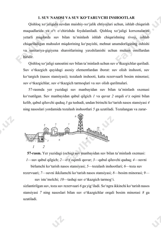 ta’minlash sxemasi o‘zgartirilishi mumkin. suv bilan ta’minlash sxemasi muayyan sharoitlarga qarab va texnik-iqtisodiy hisoblarga asosan tanlanadi, bunda tizimning ishonchliligi va tejamliligi hisobga olinadi. suv va uning sifati. tabiiy suv hech qachon toza bo‘lmaydi. eng toza suv yomg‘ir suvidir. biroq unda ham havodan qo‘shilgan turli aralashmalar, masalan, erigan tuzlar yoki chang bo‘ladi. suvning kimyoviy tarkibi hosil bo‘lishida tuproq ostidagi grunt katta rol o‘ynaydi, chunki suv ana shu grunt oralab o‘tadi. tuproq orqali filtrlanib o‘tgan suv, yo‘lida uchragan ba’zi bir minerallarni eritadi. yerosti suvlarning minerallanish darajasi tuproq va gruntlarning kimyoviy tarkibiga, suvning grunt oralab o‘tish vaqtiga hamda bosib o‘tgan yo‘liga bog‘liq. tabiiy suvda erigan aralashmalar (tuzlar, gazlar) va erimaydigan (muallaq) zarralardan tashqari har xil mikroblar, shu jumladan kishi yoki hayvonlar organizmiga o‘tib turli kasalliklarga chalintiradigan mikroblar ham bo‘ladi. chorvachilik fermalari va aholi yashaydigan punktlar, odatda, bitta manbadan suv oladi. shunga muvofiq suvning sifati ichiladigan va xo‘jalik ehtiyojlari uchun ishlatiladigan suvlarga qo‘yiladigan barcha …