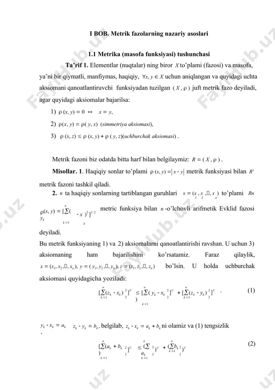 b] oraliqda uzluksiz funksiyadan iborat. yuqoridagi tengsizlikda m ni cheksizga intiltirib, barcha n  n , t [a,b] uchun xn (t)  x(t)   tengsizlikni olamiz. buning ma’nosi shuki, {xn (t)} ketma-ketlik c[a,b] fazo metrikasi bo’yicha uning x(t) elementiga yaqinlashadi. demak, c[a,b] – to’la fazo, bundan oldingi xulosalarga asoslanib, ishonch hosil qilamiz. c[a,b] fazo banax fazosi ekanligiga 1.2 metrik fazolarning asosiy misollari va modellar matematik analiz kursidan ma’lumki, ketma-ketlik yaqinlashuvchi bo’lishi uchun u koshi shartini qanoatlantirishi zarur va etarli. bu xossa matematikada katta ahamiyatga ega bo’lib, haqiqiy sonlar to’plamining to’laligini ko’rsatadi. haqiqiy sonlar to’plamining bu xossasi har qanday metrik fazo uchun o’rinlimi? - degan savol tuqiladi. bu savolga javob berish uchun quyidagi ta’rifni kiritamiz. 1- ta’rif. agar (x,) metrik fazodan olingan {xn} ketma-ketlik koshi shartini qanoatlantirsa, ya’ni ixtiyoriy >0 uchun shunday n() nomer mavjud bo’lib, (xn,xm) n() va nk uchun ham (xn,xk) 0 son uchun shunday n() nomer topilib, …