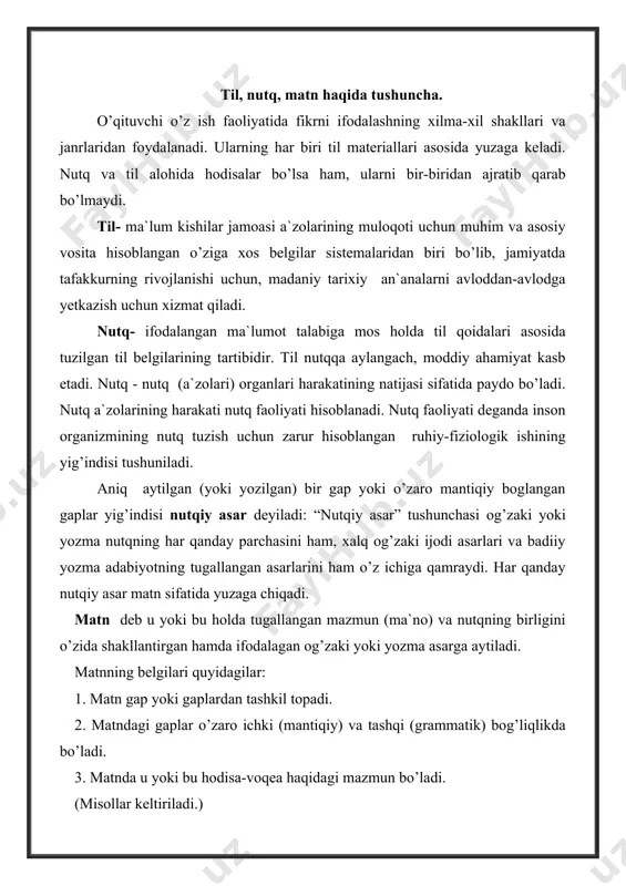 misollar keltiriladi.) so’zlovchi matn mazmunini turli usullarda yuzaga chiqarishi mumkin. bunda uch janr-tasvir, hikoya qilish, mulohaza alohida ajralib turadi. tasvir - nutqda ifodalangan narsa yoki hodisani maxsus til vositalari orqali harakatlash, uning xususiyatlarini, sifatlarini ko’rsatish usuli tasvir deyiladi. tasvir fikr yuritiladigan shaxs, narsa yoki voqea-hodisani tinglovchi tasavvurida yorqin shakllantirish uchun ishlatiladi. (misollar beriladi.) hikoya qilish. bo’lib o’tgan va yuz beradigan voqea-hodisalarni batafsil so’zlash hikoya qilish hisoblanadi. kichik hajmdagi nasriy asarlar, katta asarlarning ayrim parchalari darsda hikoya qilib beriladi. hikoya qilishda voqealar batafsil yoki ma`lum qisqartishlar bilan bayon etilishi mumkin. bunda har bir narsa va hodisa o’z nomi, sifatlari bilan bayon etiladi. mulohaza. ko’zatilgan, eshitilgan yoki o’qilgan narsalar ustida fikrlash, uning turli tomonlarini ko’z oldiga keltirish mulohaza hisoblanadi. kishi mulohaza orqali yuz bergan bergan voqealar haqidagi haqiqatni topa oladi. buning uchun mulohaza tugri, ilmiy asosda bo’lishi lozim.“ narsalarning haqiqatini bilish faqat farosat yo’li bilan amalga oshadi” (ibn sino). yuqoridagilarning barchasi o’qituvchi …