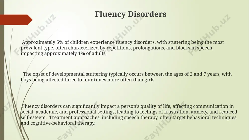 behavioral modification. approximately 20 million americans experience voice disorders annually, impacting their quality of life and requiring intervention from speech-language pathologists utilizing various therapeutic techniques. dysphonia, encompassing a broad range of voice impairments including hoarseness, breathiness, and vocal tremor, often necessitates a multidisciplinary approach, involving otolaryngologists (ent doctors) and speech therapists. introduction to speech disorders fluency disorders, such as stuttering, affect an estimated 1 in 100 adults, characterized by disruptions in the flow of speech including repetitions, prolongations, and blocks. voice disorders, encompassing conditions like dysphonia and aphonia, can stem from various causes including vocal nodules, polyps, or neurological damage, impacting approximately 3–6% of the adult population. approximately 7% of children globally experience speech sound disorders, impacting their articulation, phonology, and overall communication skills, often requiring intervention from speech-language pathologists. thank you for your attention @taqdimot_robot