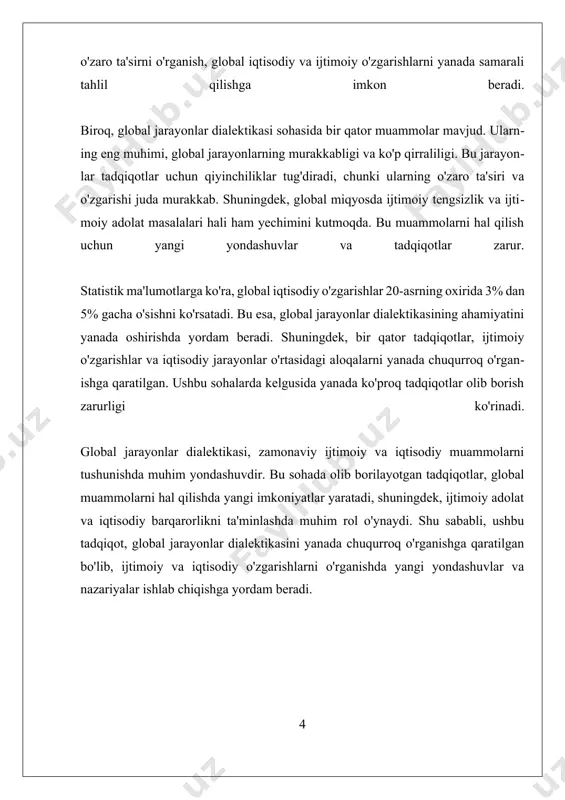 imoiy normativlarni o'zgartirishi yoki yo'q qilishi mumkin. ijtimoiy o'zgarishlar, o'z navbatida, global jarayonlarga qarshi kurashda muhim rol o'ynaydi. ijtimoiy harakatlar va protestlar, masalan, iqtisodiy tengsizlik va ijtimoiy adolat masalalariga e'tibor qaratadi. bunday harakatlar, globalizatsiya jarayonlarining ijtimoiy oqimlarini qayta ko'rib chiqishga yordam beradi va adolatli ijtimoiy tizimlarni rivojlantirishga qaratilgan sa'y-harakatlarni qo'llab-quvvatlaydi. shu bilan birga, ijtimoiy o'zgarishlar va globalizatsiya o'rtasidagi aloqalar murakkabdir va ko'plab omillar tomonidan belgilangan. ijtimoiy va iqtisodiy tizimlarning o'zgarishi, global jarayonlarning tabiati va kuchi bilan uzviy bog'liqdir. har qanday ijtimoiy o'zgarish, global jarayonlarga ta'sir etishi mumkin, bu esa globalizatsiya jarayonlarining o'zgarishiga olib keladi. shu sababli, globalizatsiya va ijtimoiy o'zgarishlar o'rtasidagi aloqalarni chuqur o'rganish, zamonaviy ijtimoiy va iqtisodiy jarayonlarni tushunish uchun zarurdir. natijada, globalizatsiya va ijtimoiy o'zgarishlar o'rtasidagi aloqalar murakkab va o'zaro bog'liqdir. ushbu aloqalar, ijtimoiy adolat, iqtisodiy barqarorlik va madaniy integratsiya kabi muhim masalalarni hal qilishda muhim ahamiyatga ega. o'zaro ta'sirning bu jarayonlarini tushunish, global muammolarni hal qilishda yangi …
